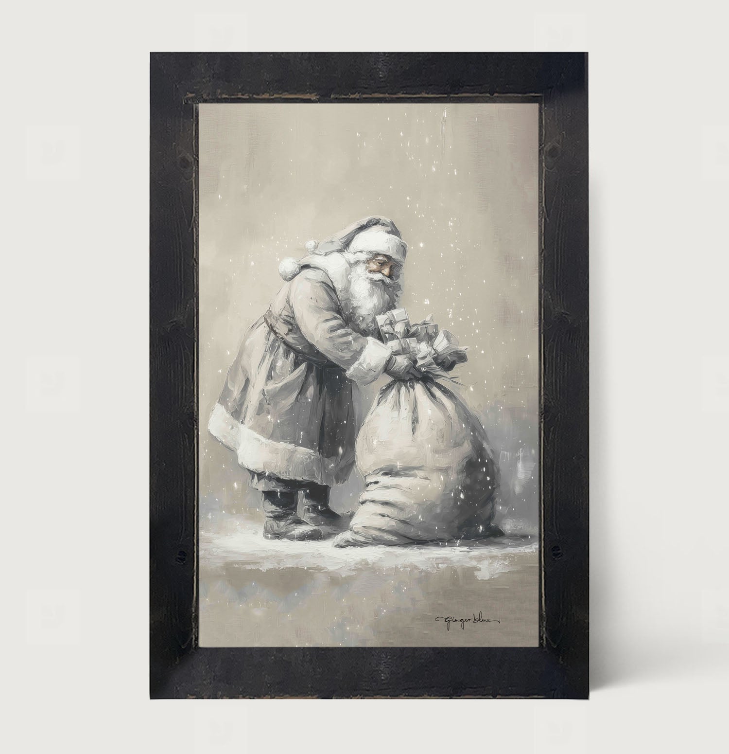Santa Tying Bag of Presents - Framed Art