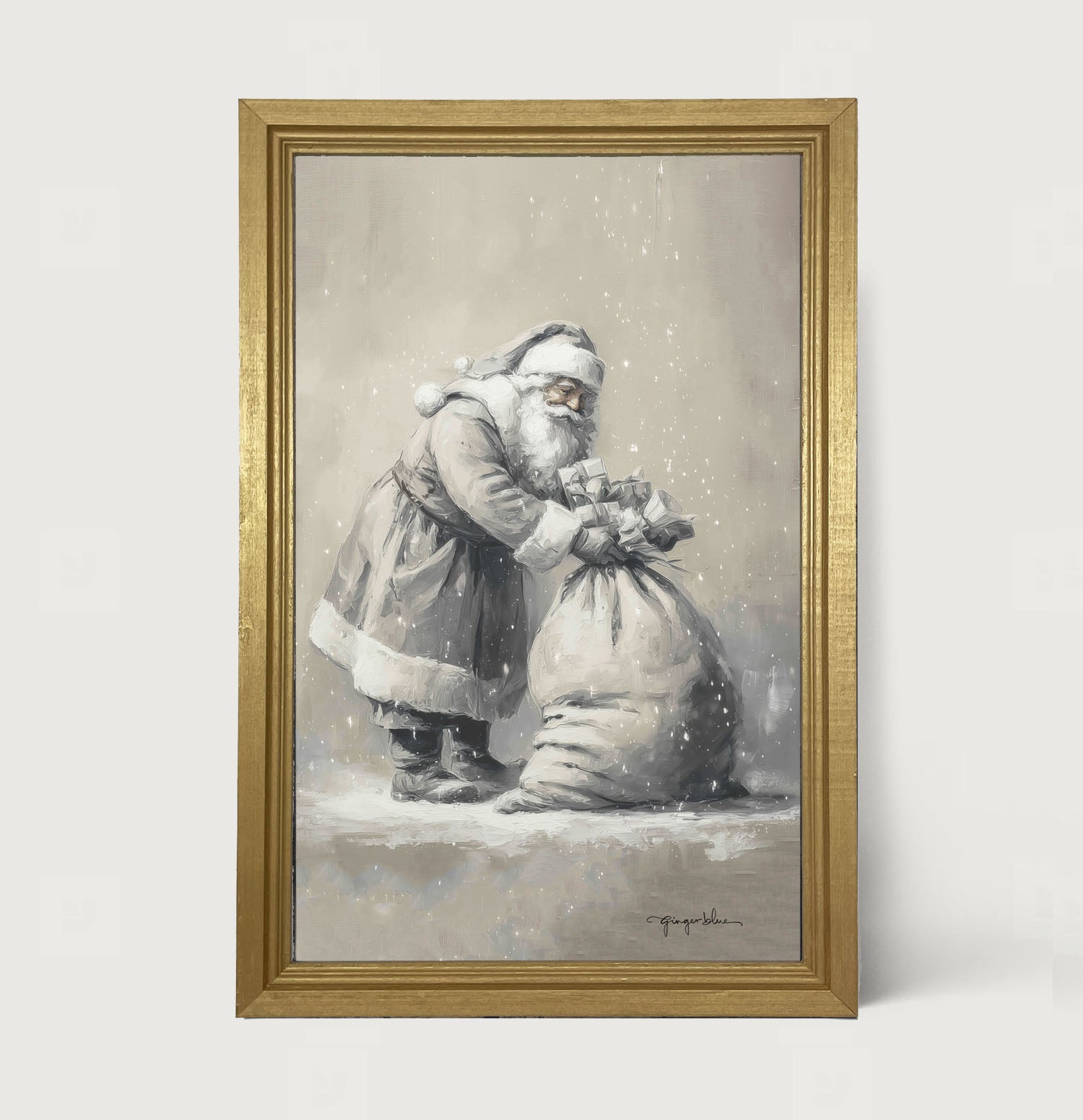 Santa Tying Bag of Presents - Framed Art