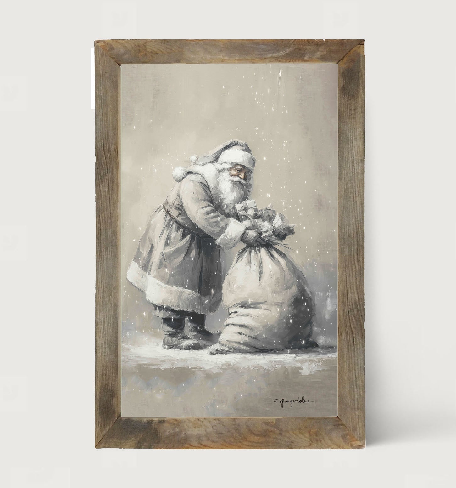 Santa Tying Bag of Presents - Framed Art