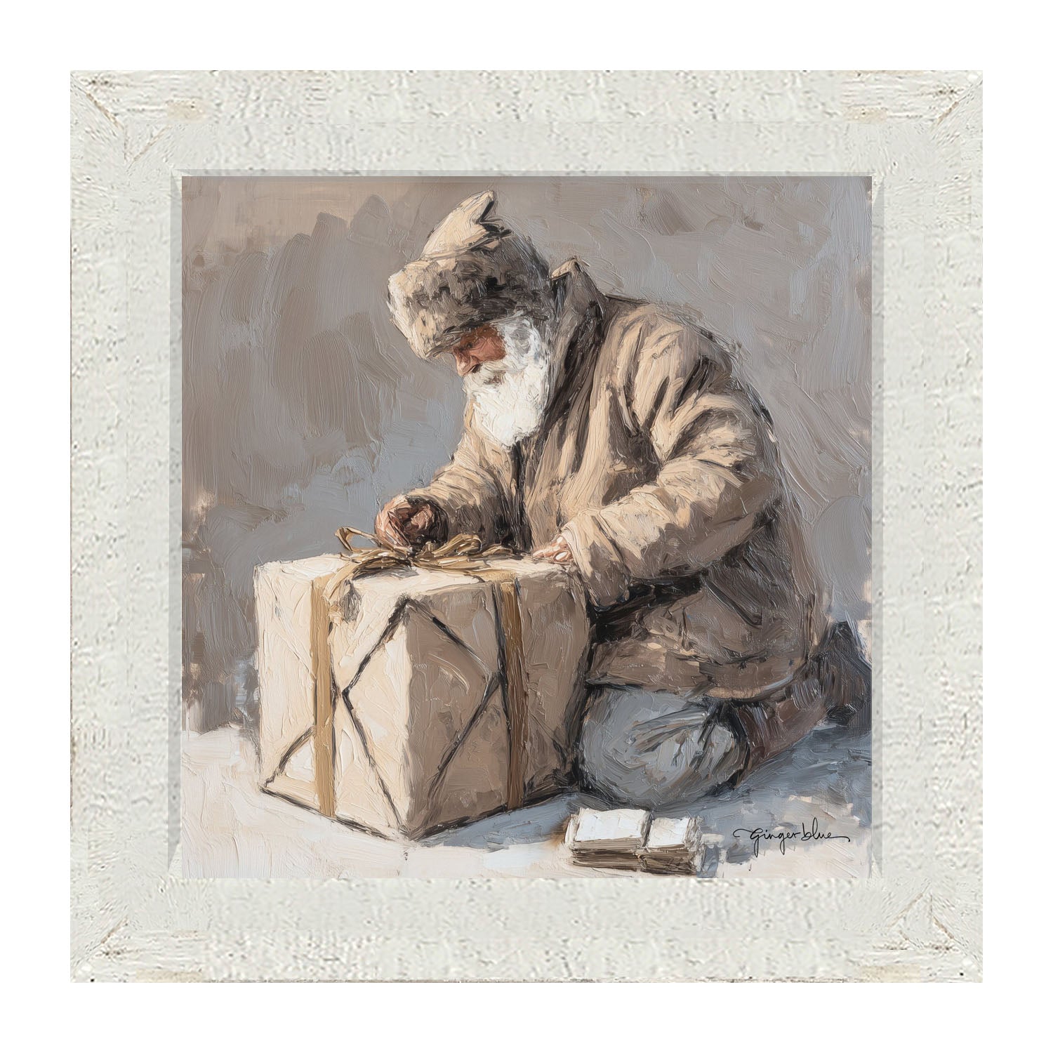 Santa Tying a Box - Framed Art