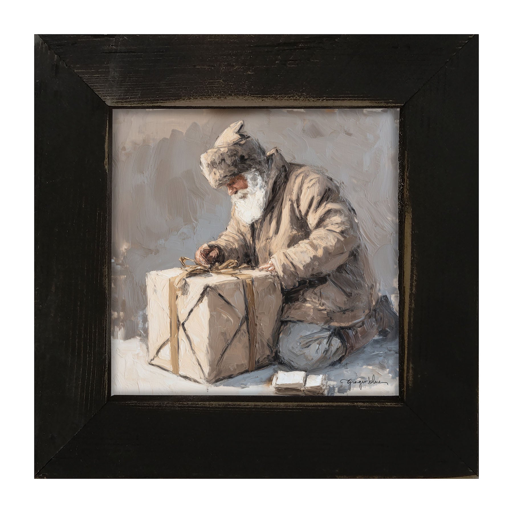 Santa Tying a Box - Framed Art