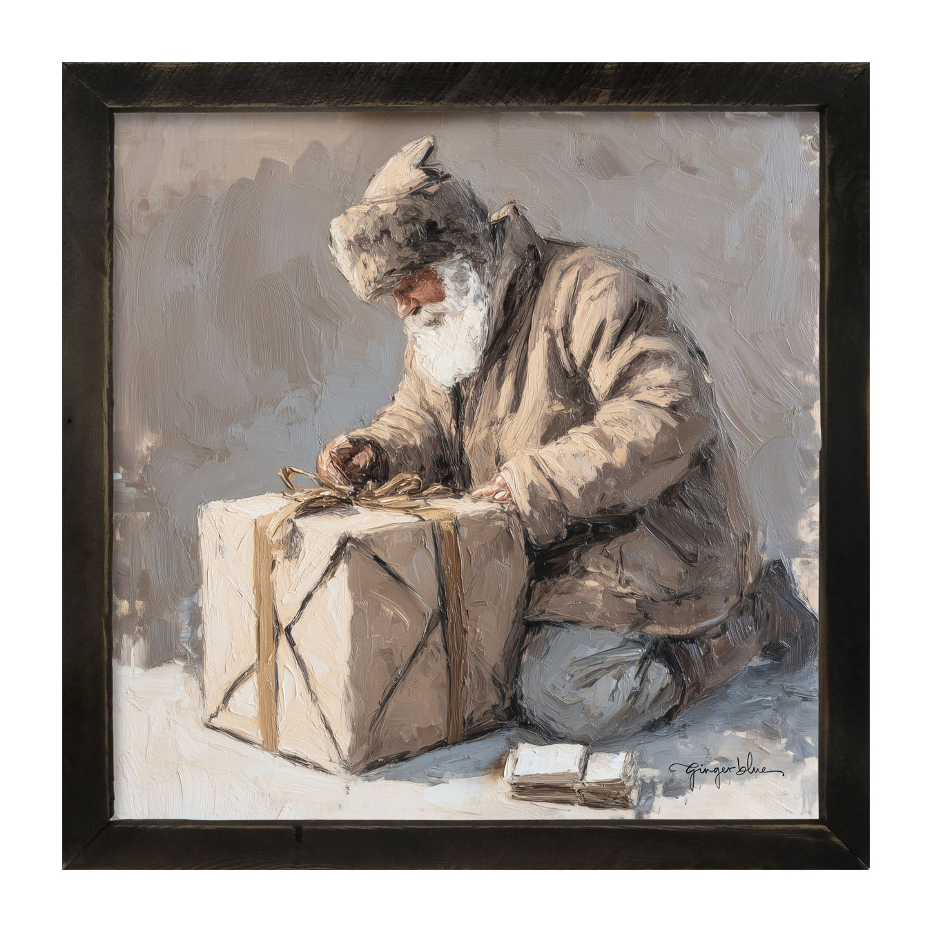 Santa Tying a Box - Framed Art