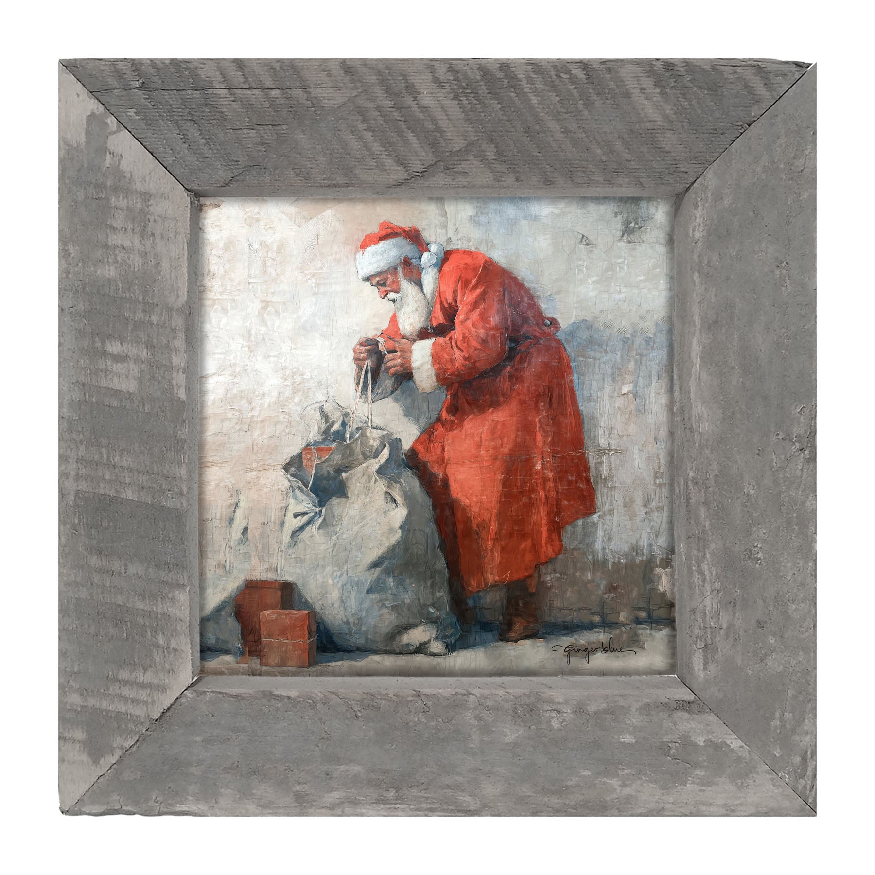 Santa Opening a Bag of Presents - Framed Art