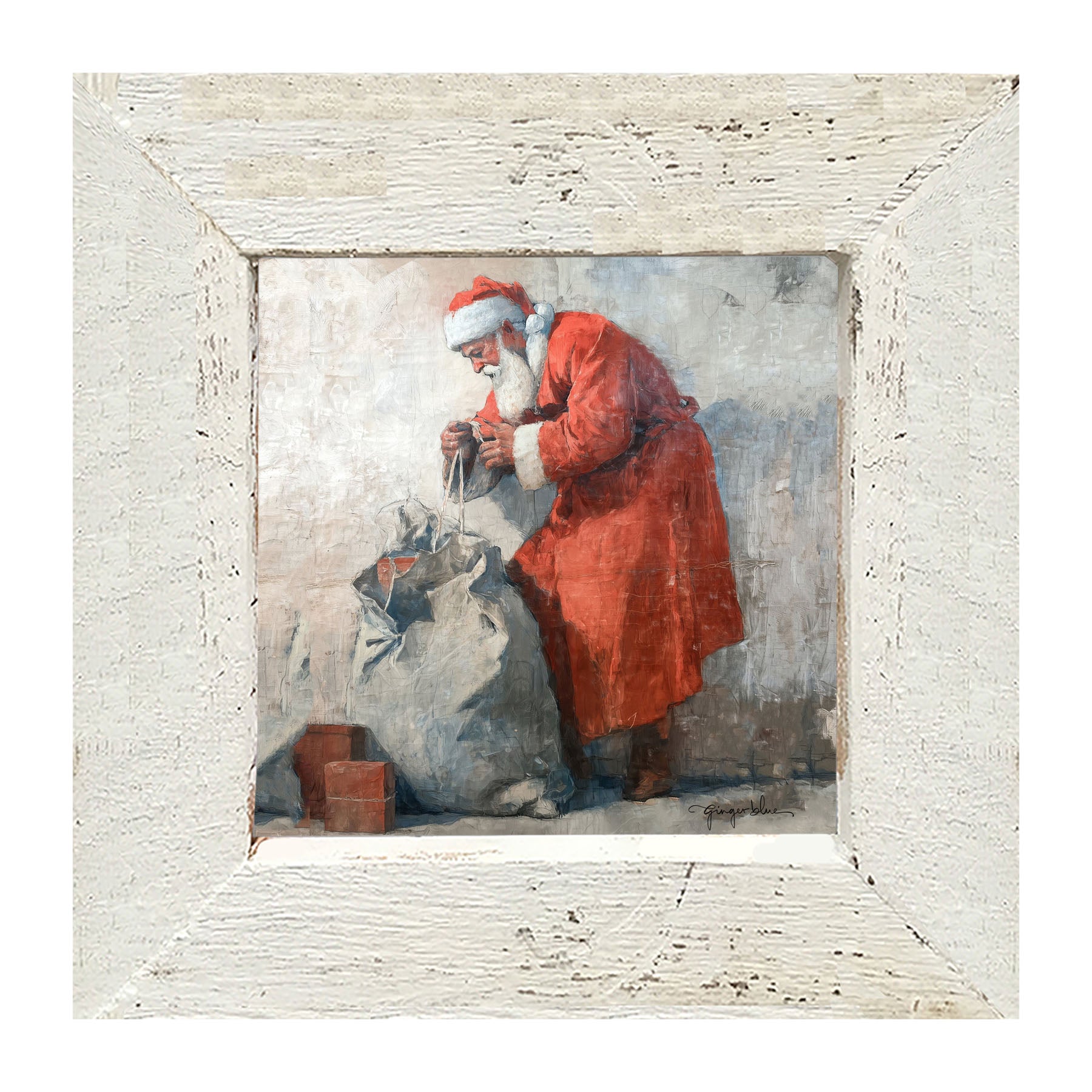 Santa Opening a Bag of Presents - Framed Art