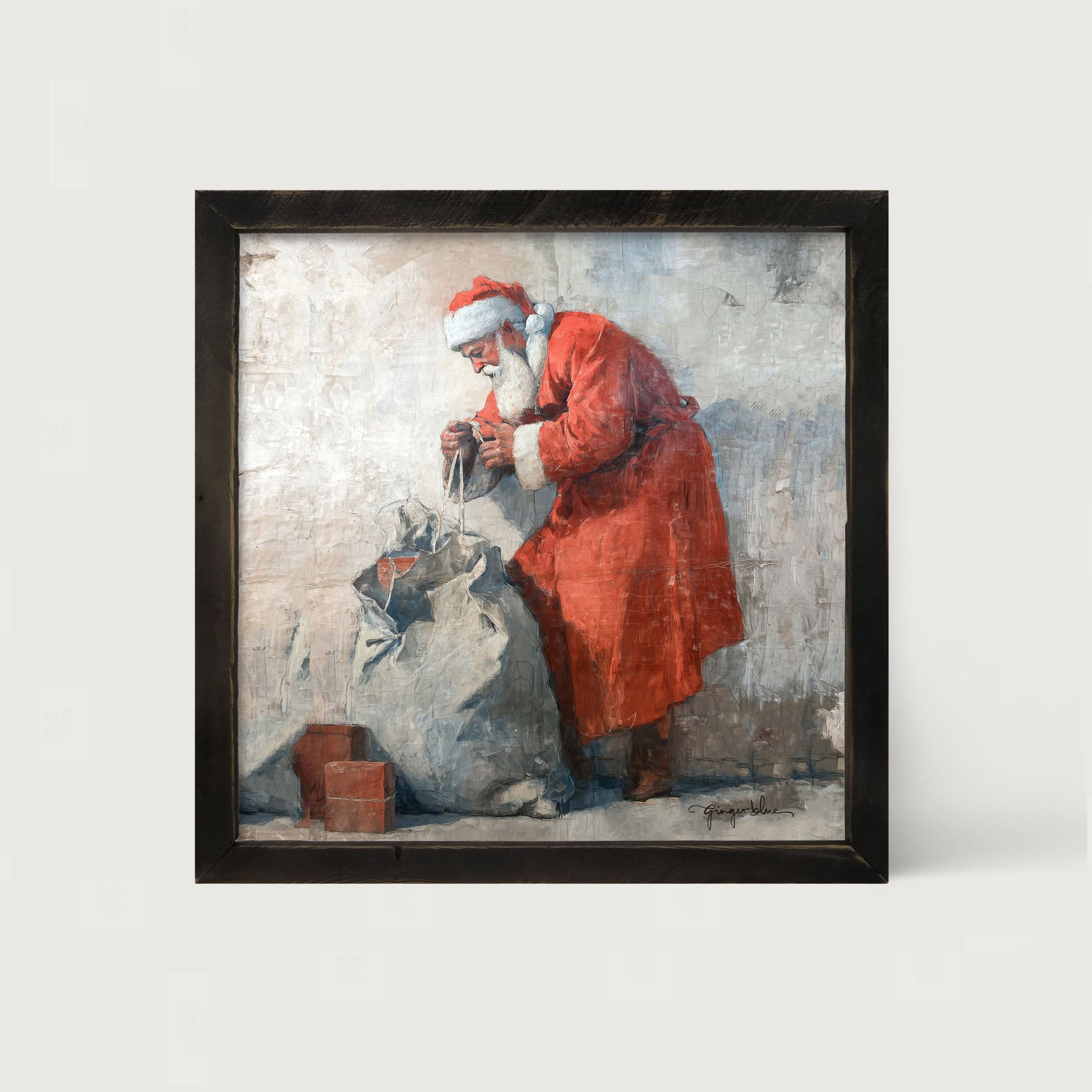 Santa Opening a Bag of Presents - Framed Art