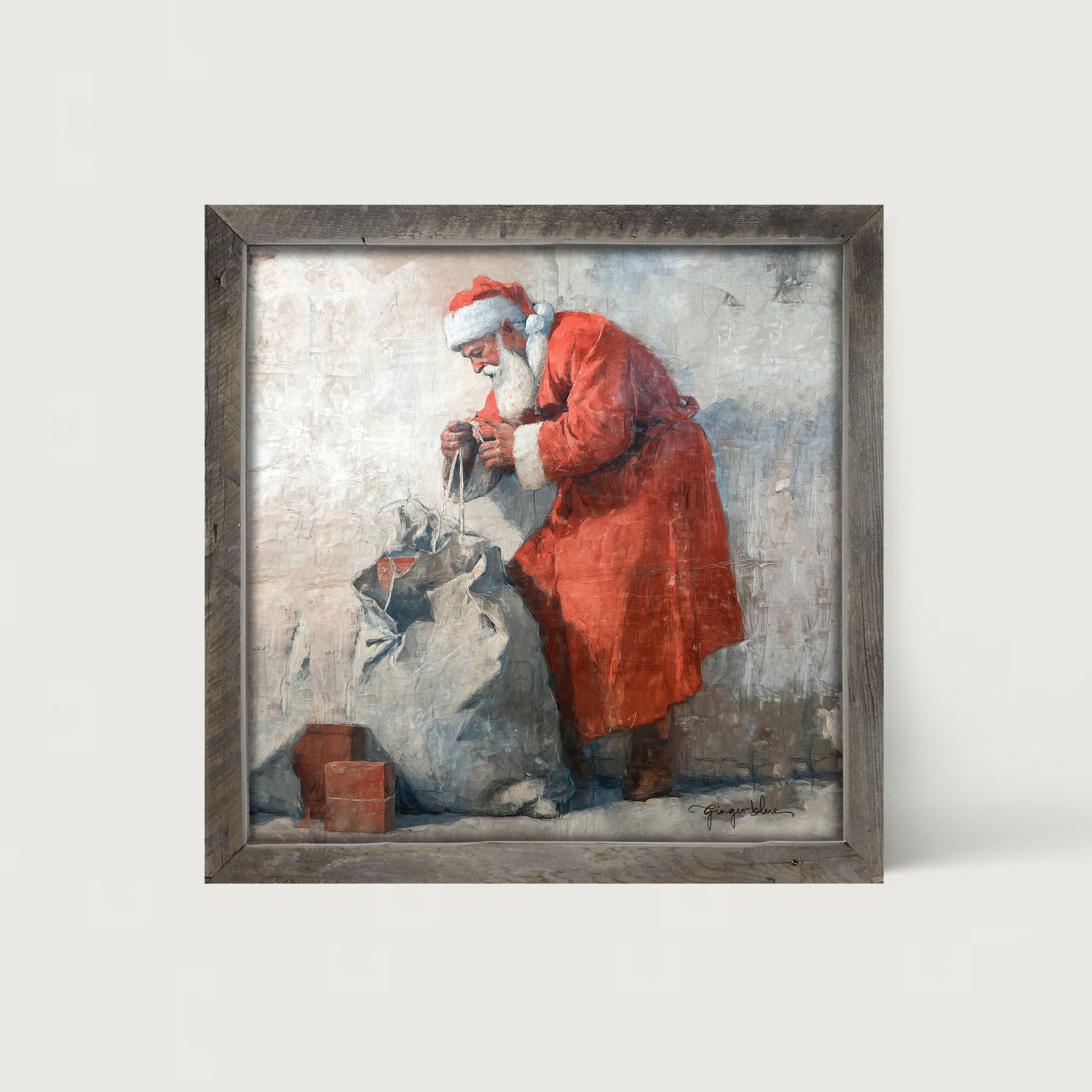 Santa Opening a Bag of Presents - Framed Art