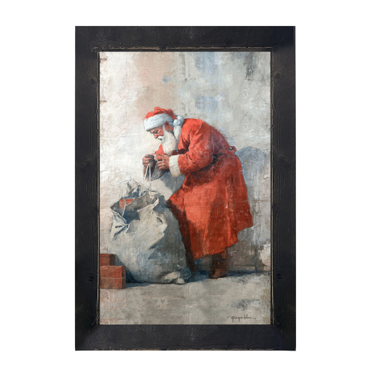 Santa Opening a Bag of Presents - Framed Art
