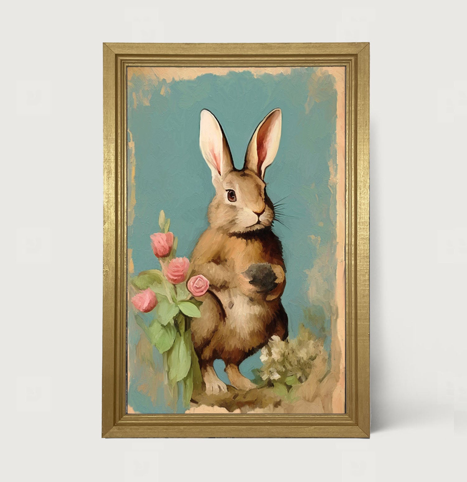 Pastel bunny with roses - Framed Art