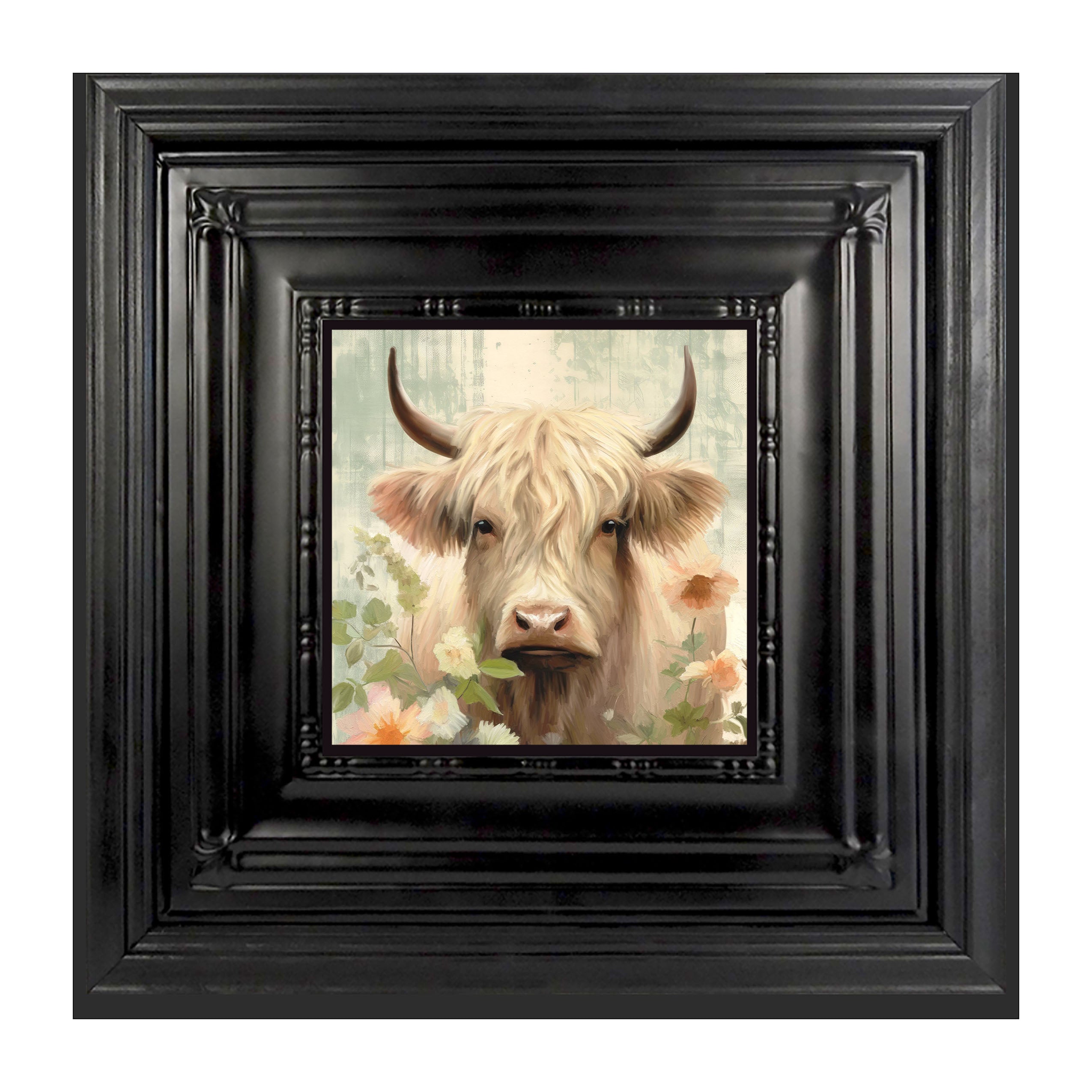 White Highland cow with flowers