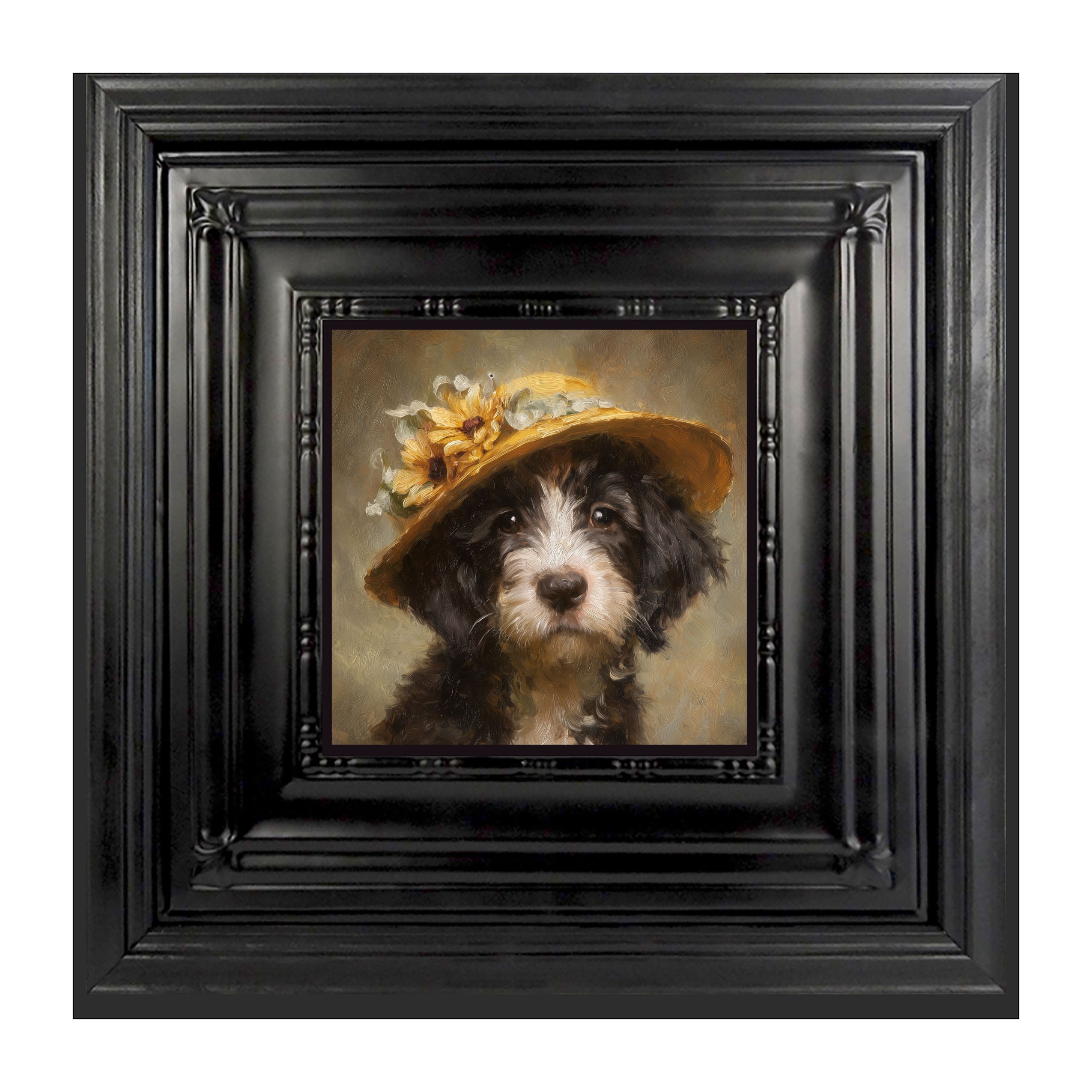 Dog in Yellow Floral Hat
