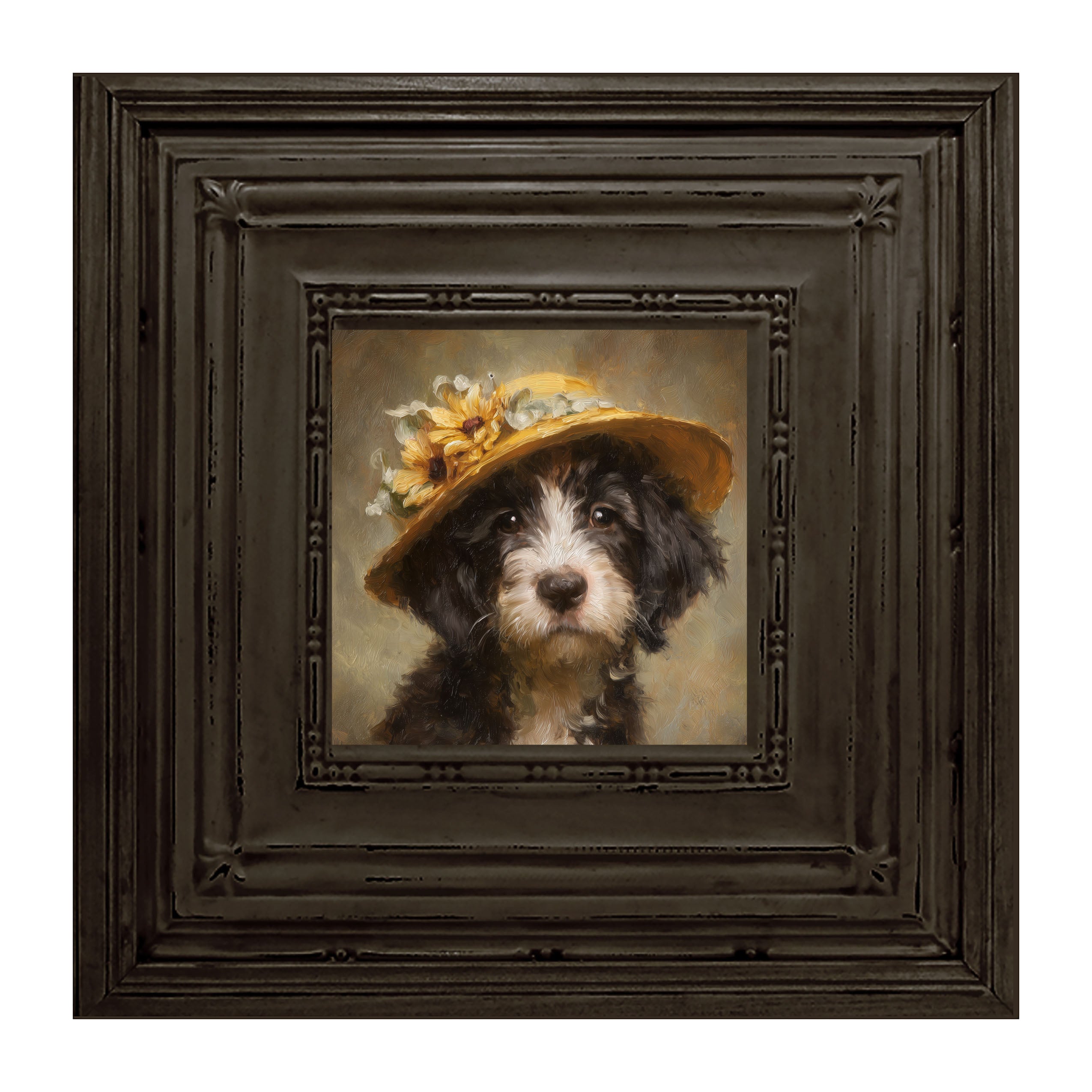 Dog in Yellow Floral Hat
