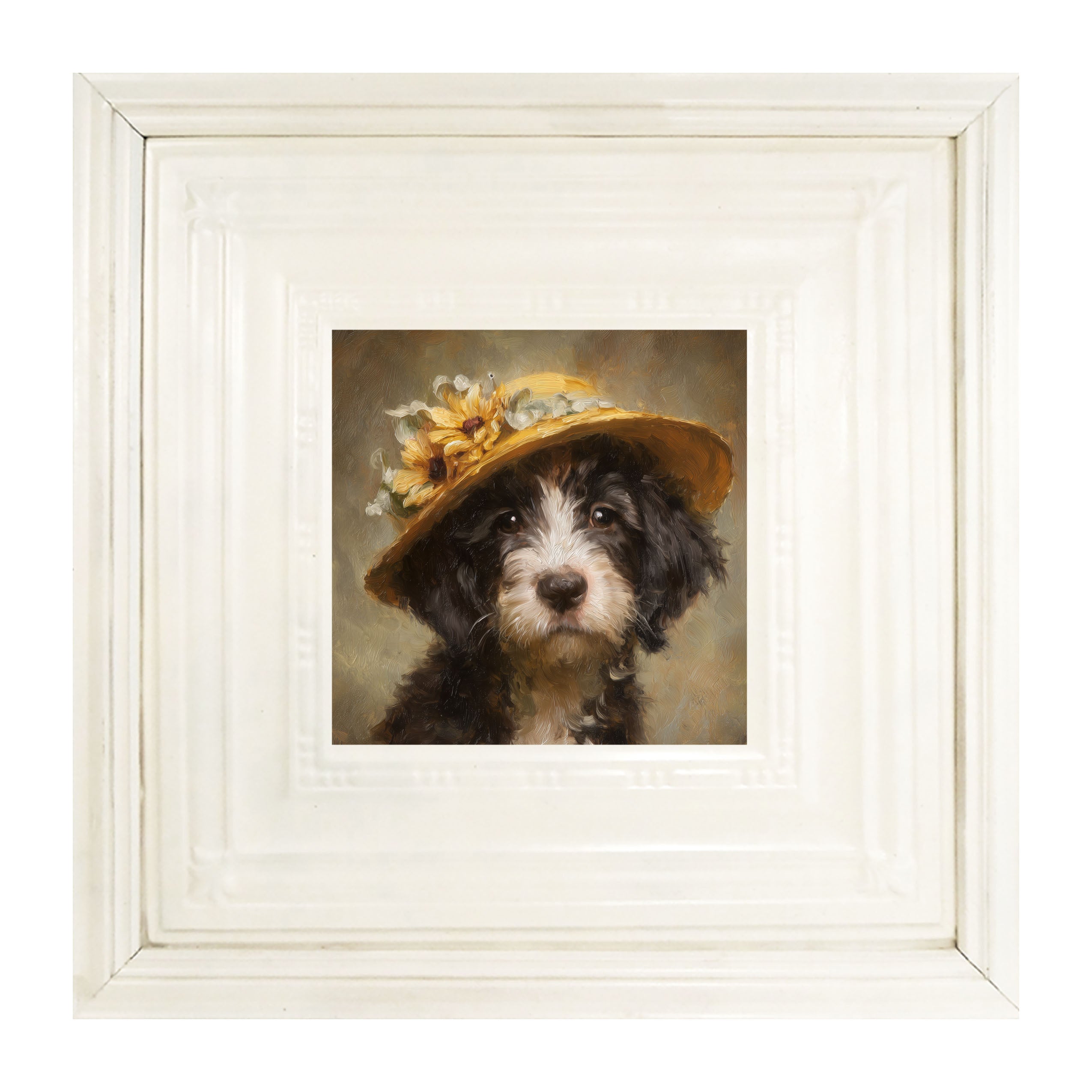 Dog in Yellow Floral Hat