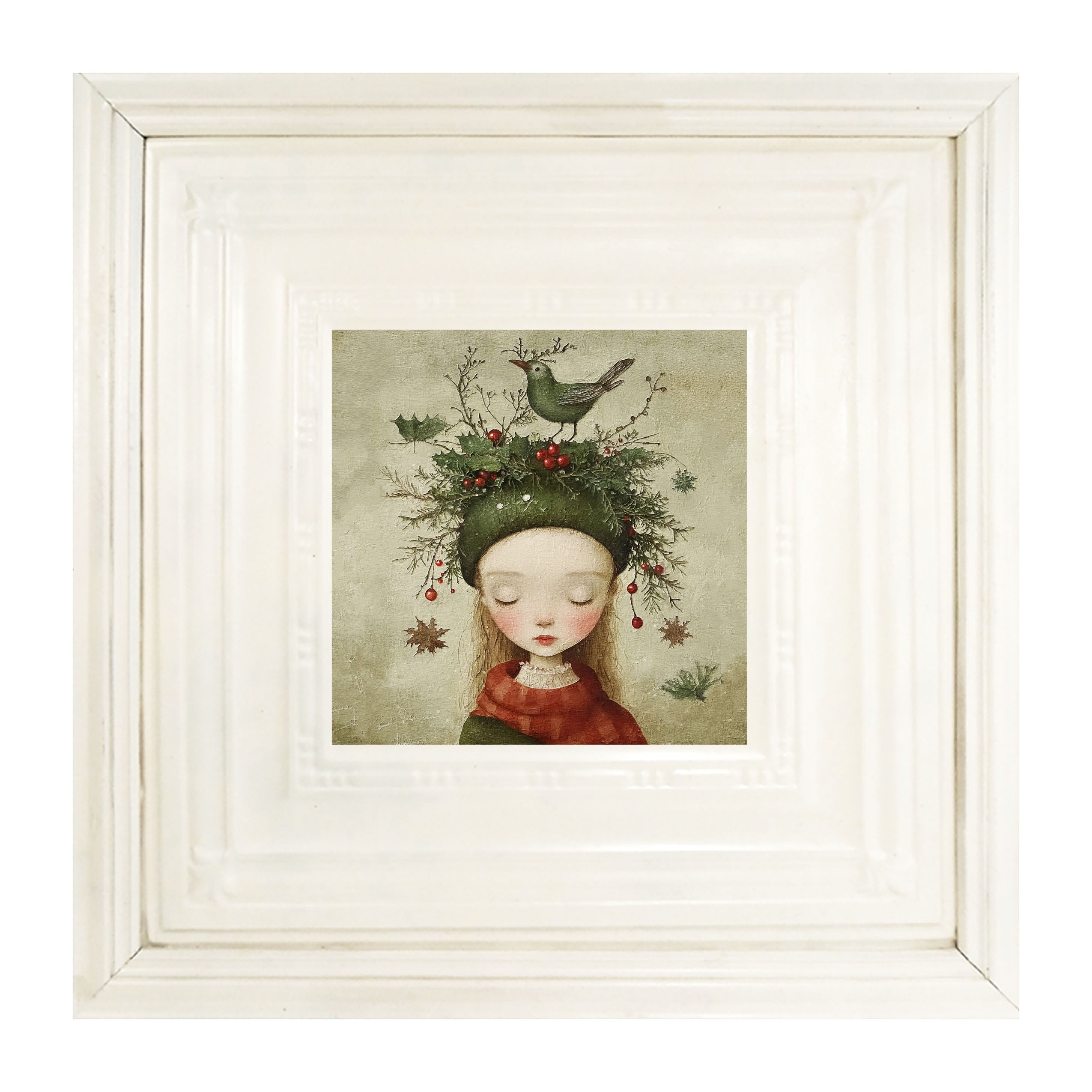Green Christmas Girl with Bird
