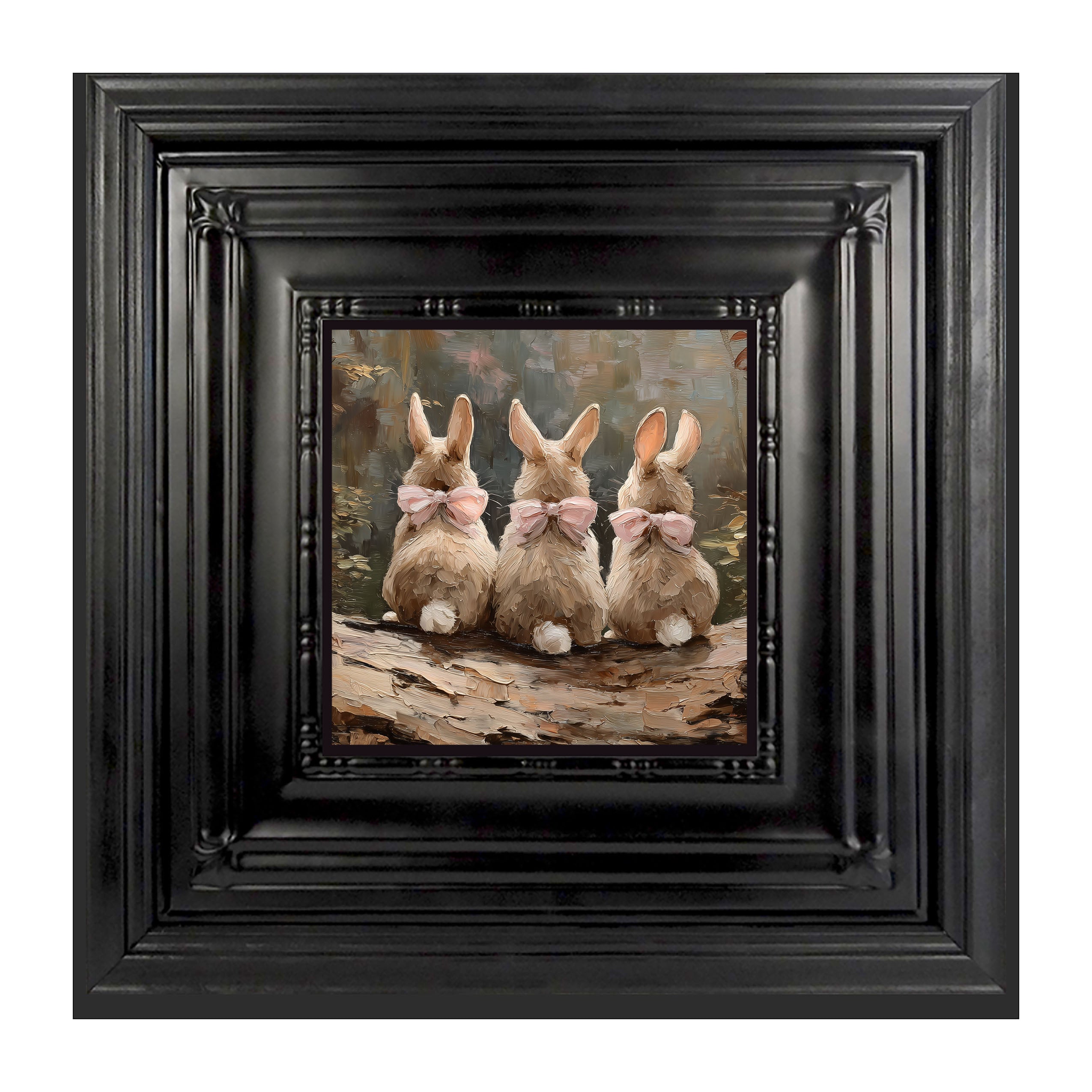 Bunnies with Pink Bows in Forest