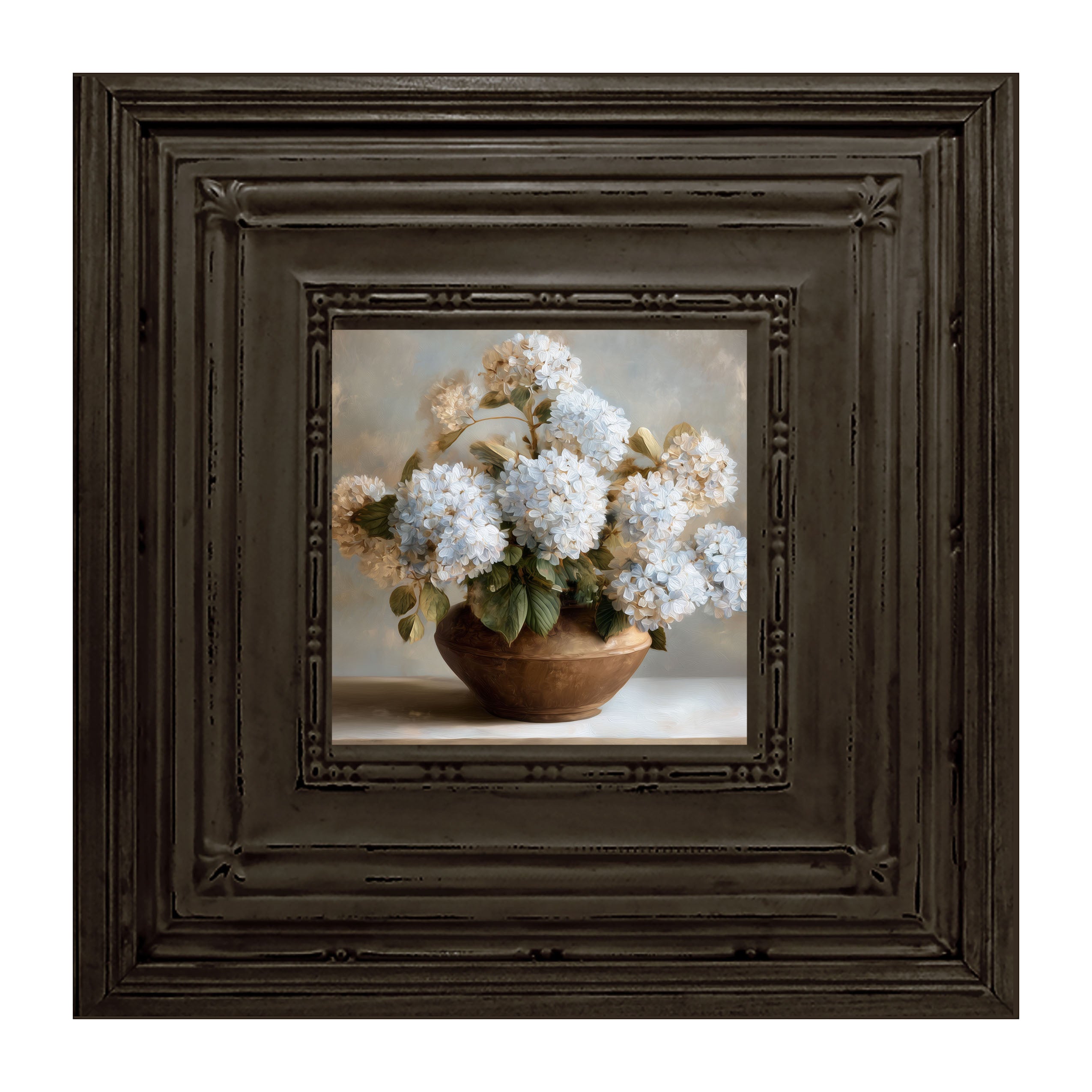 Copper Vase with Blue Hydrangeas