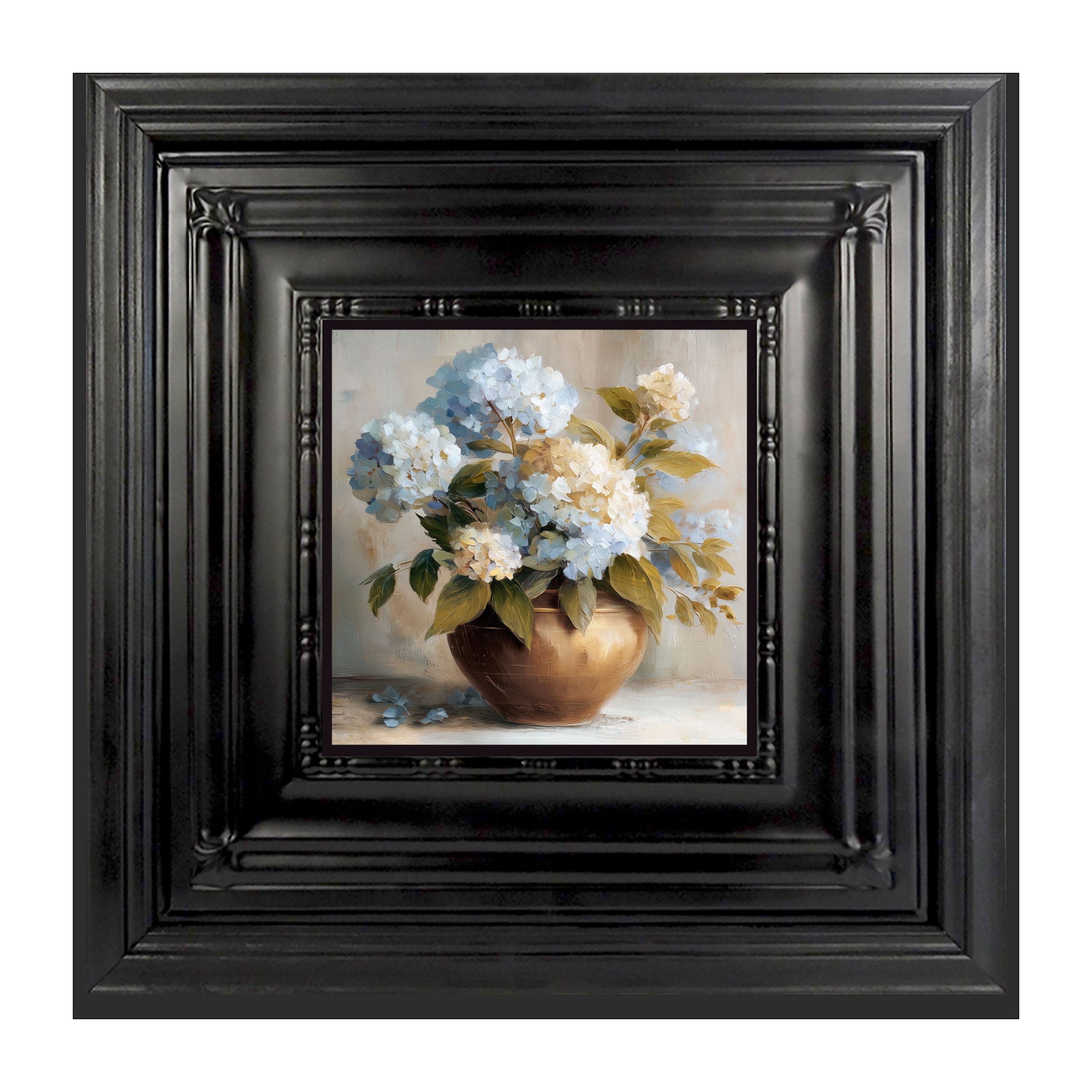 Copper Vase with Blue and White Hydrangeas