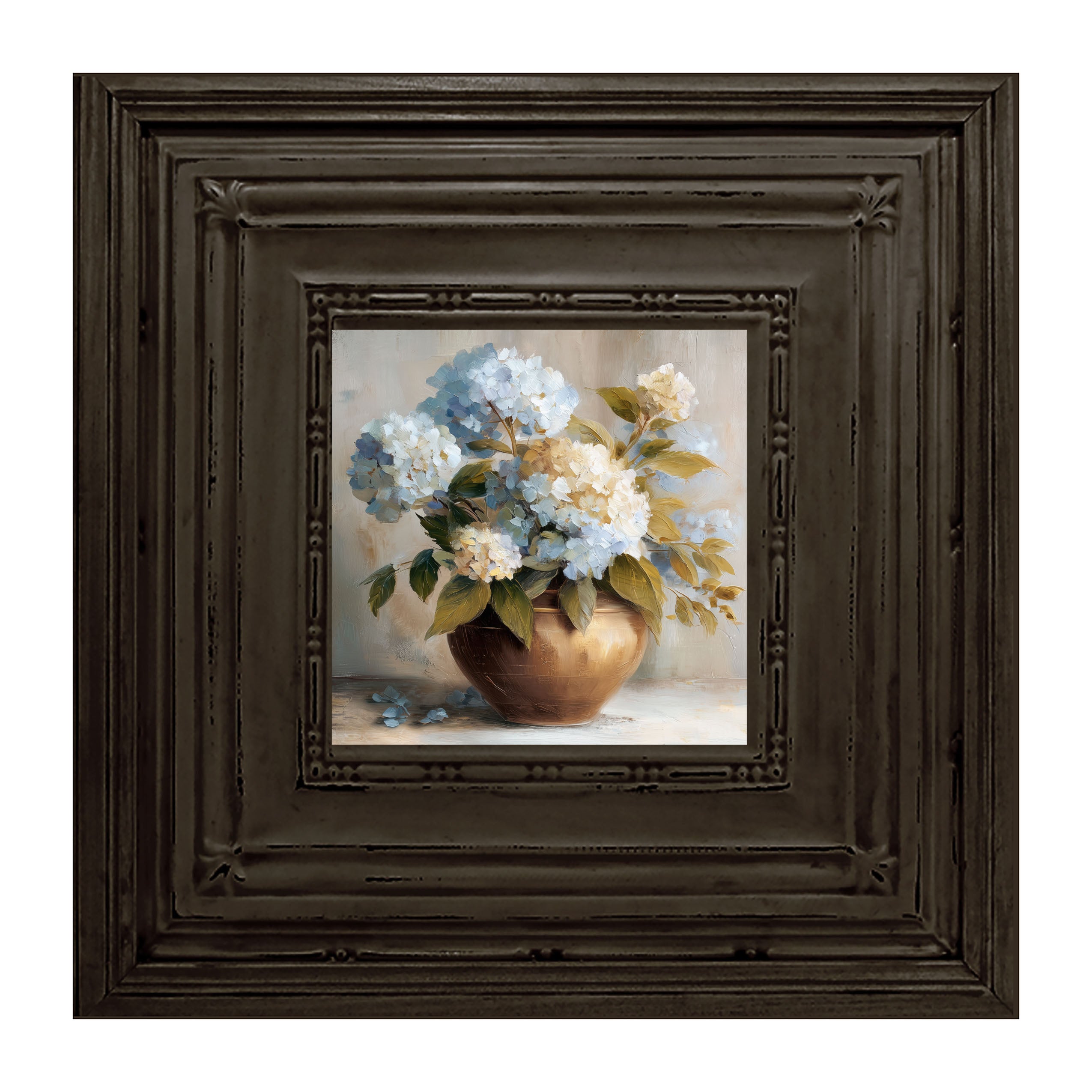 Copper Vase with Blue and White Hydrangeas