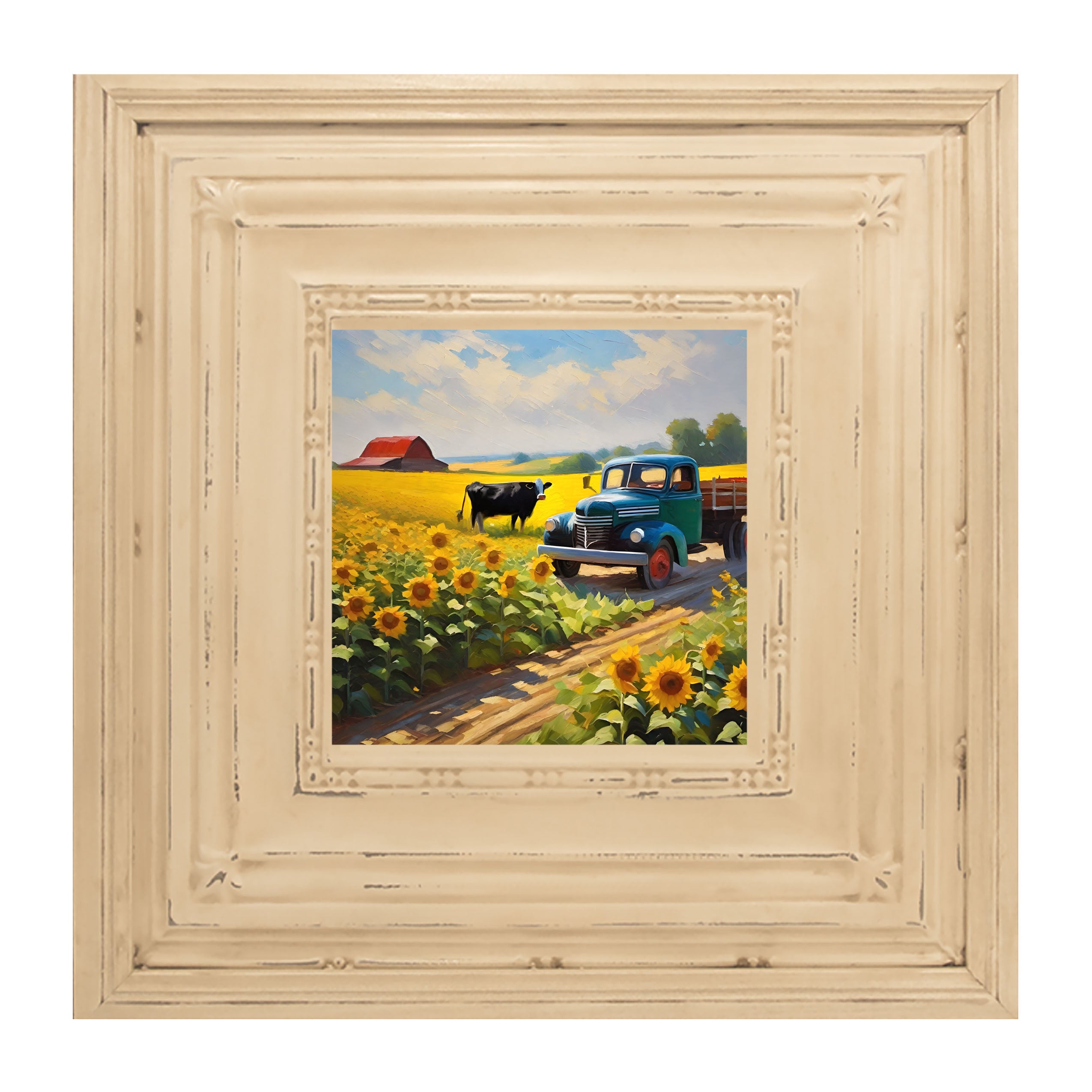 Old truck with black cow