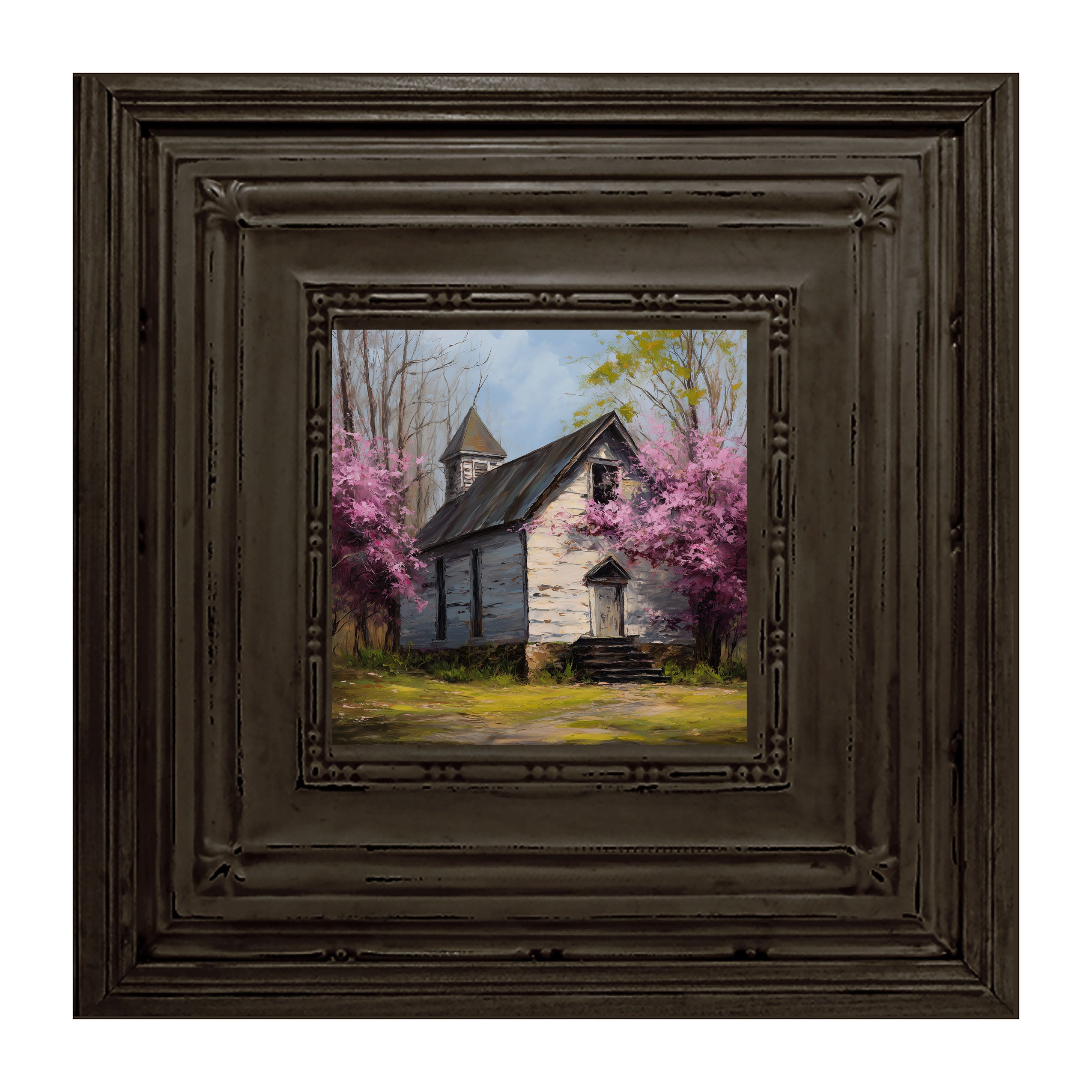 Country Church with Purple Flowering Tree