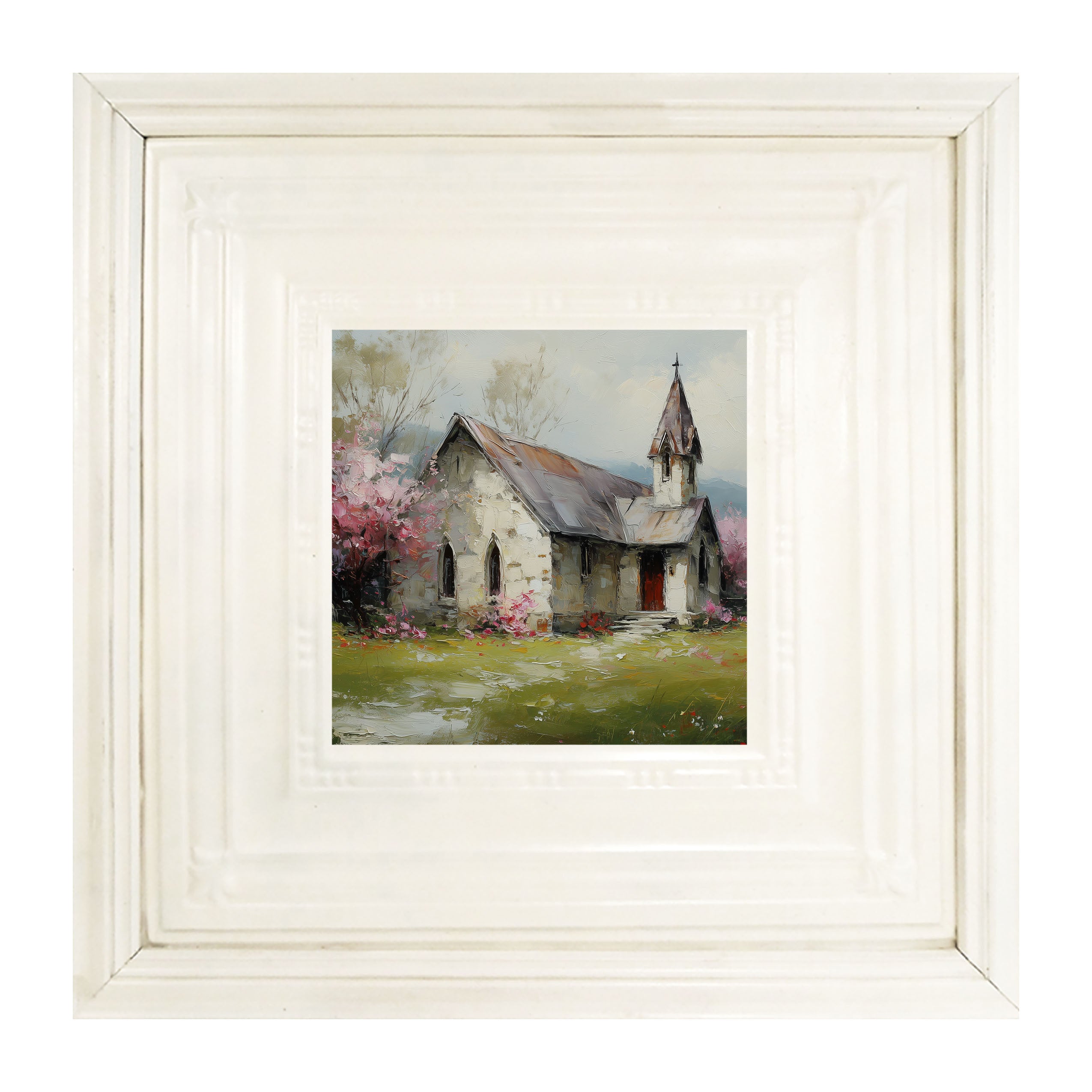 Country Church with Pink and Purple Flowering Trees
