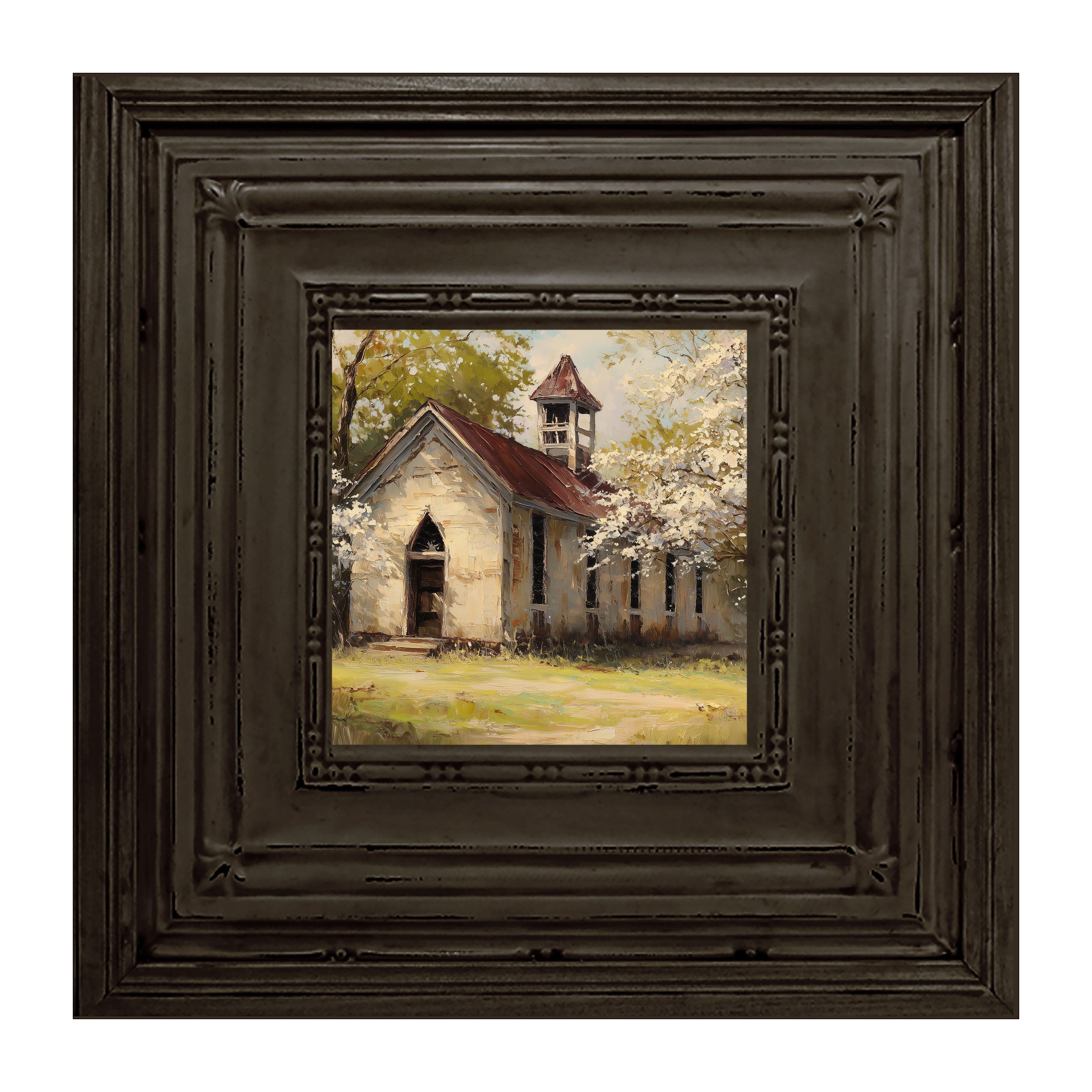 Country Church with White Flowering Trees