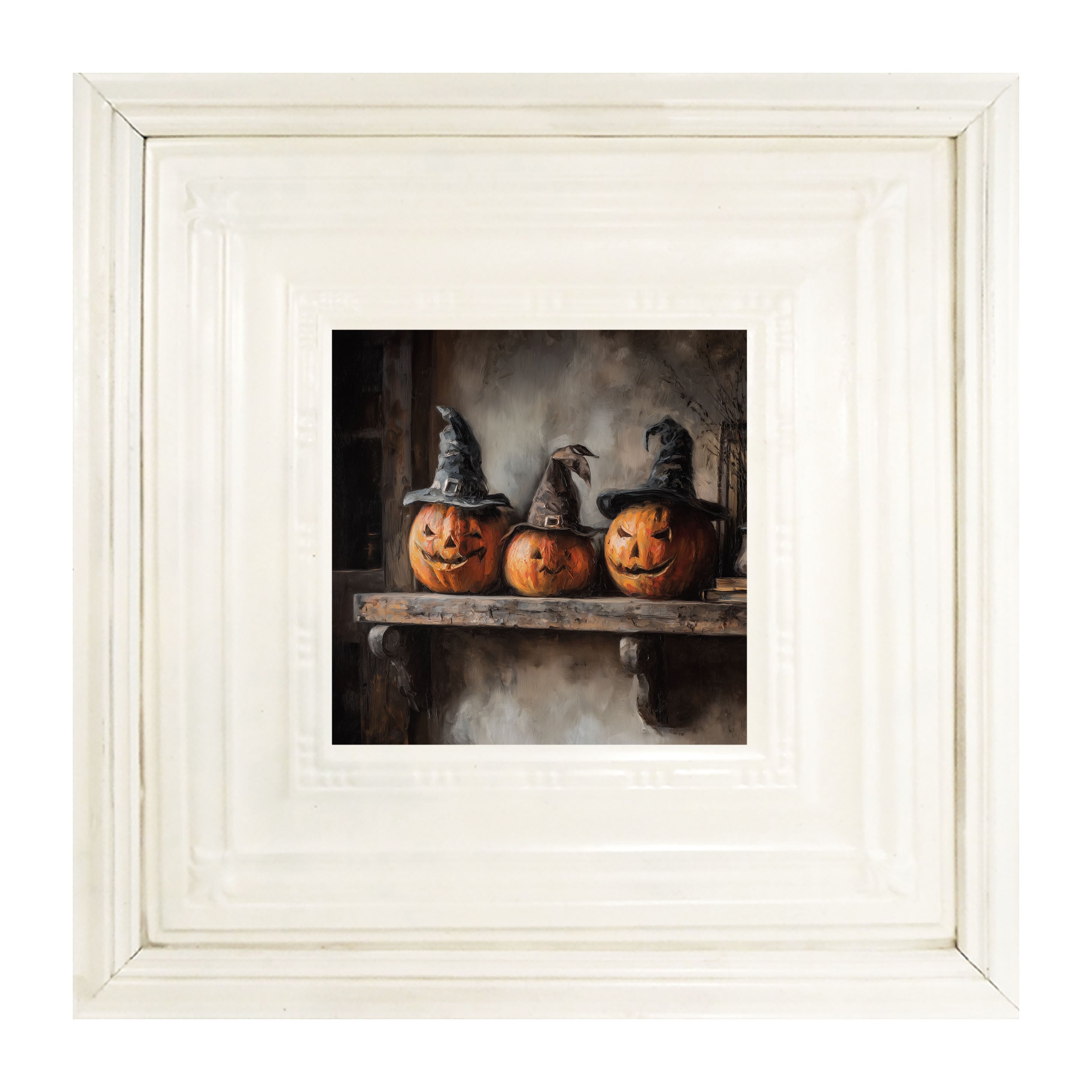 Trio of Jack-o-Lanterns in Witch Hats