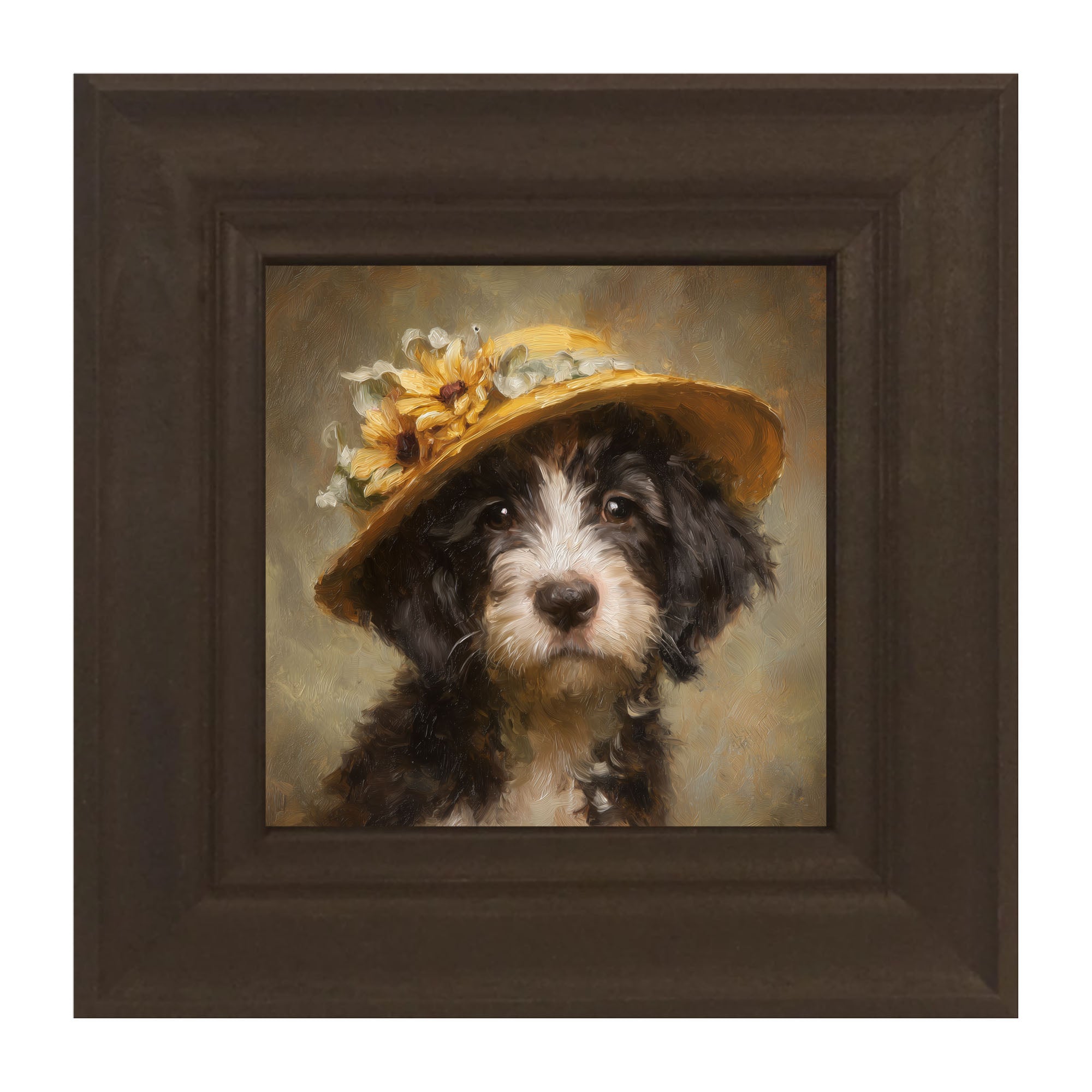 Dog in Yellow Floral Hat