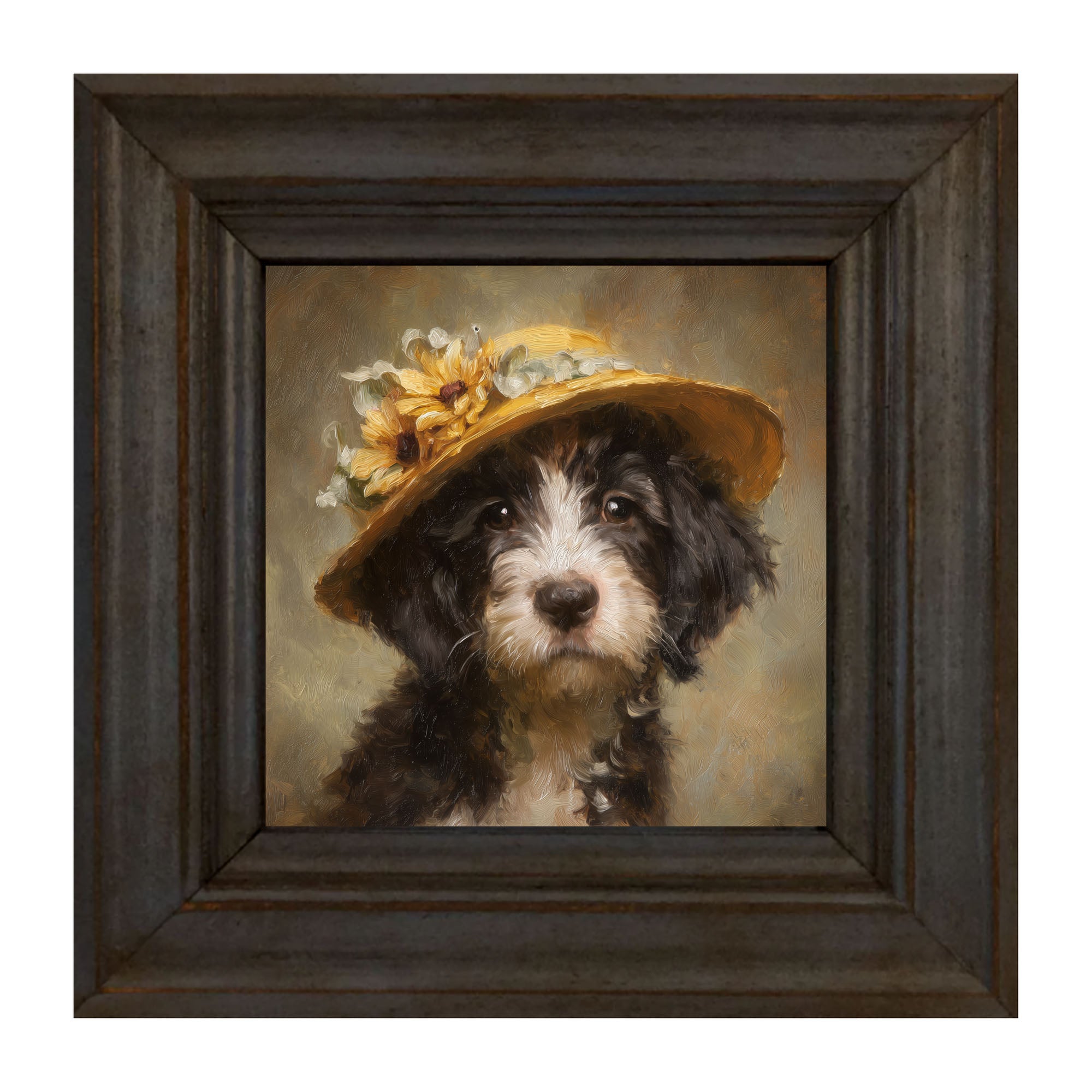 Dog in Yellow Floral Hat