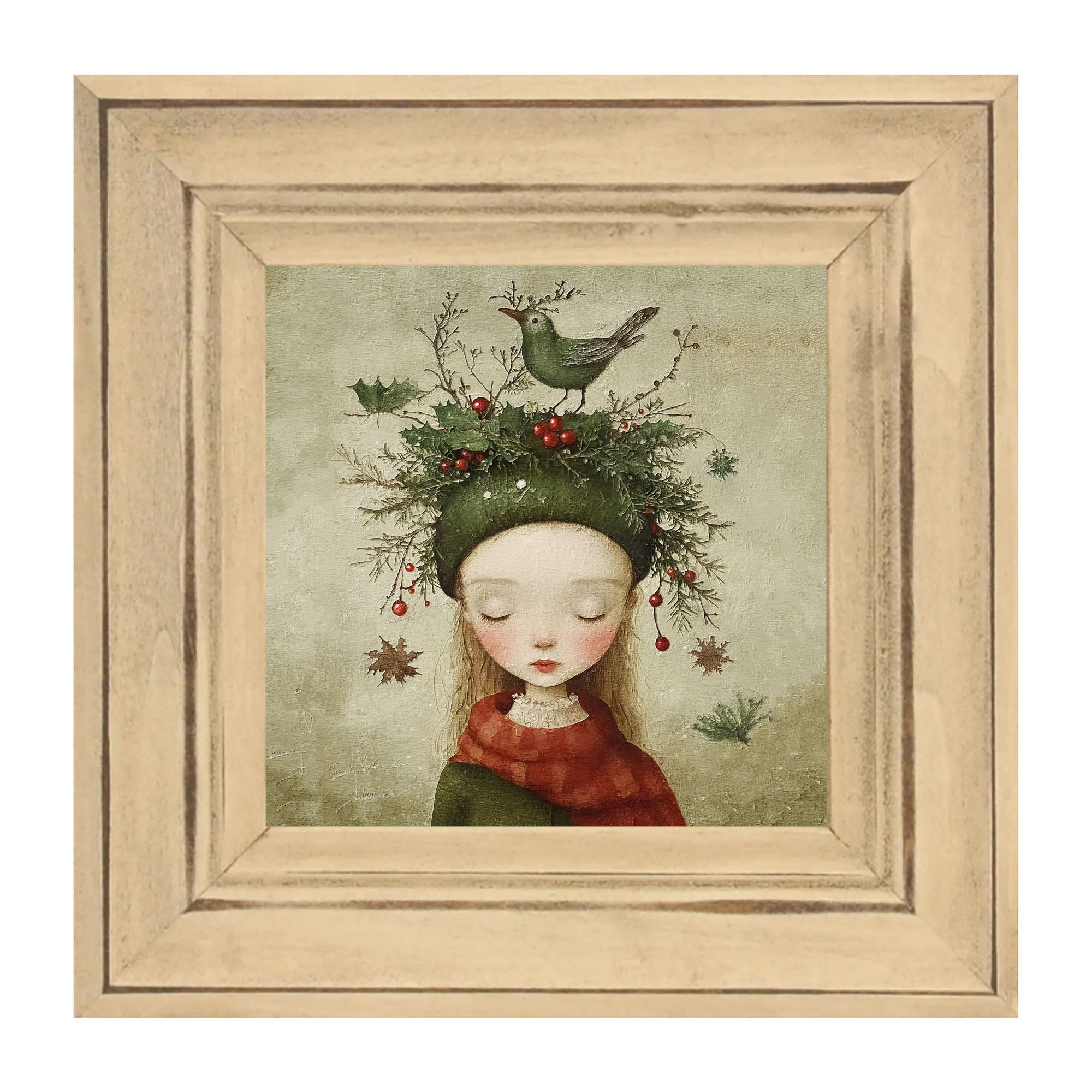 Green Christmas Girl with Bird