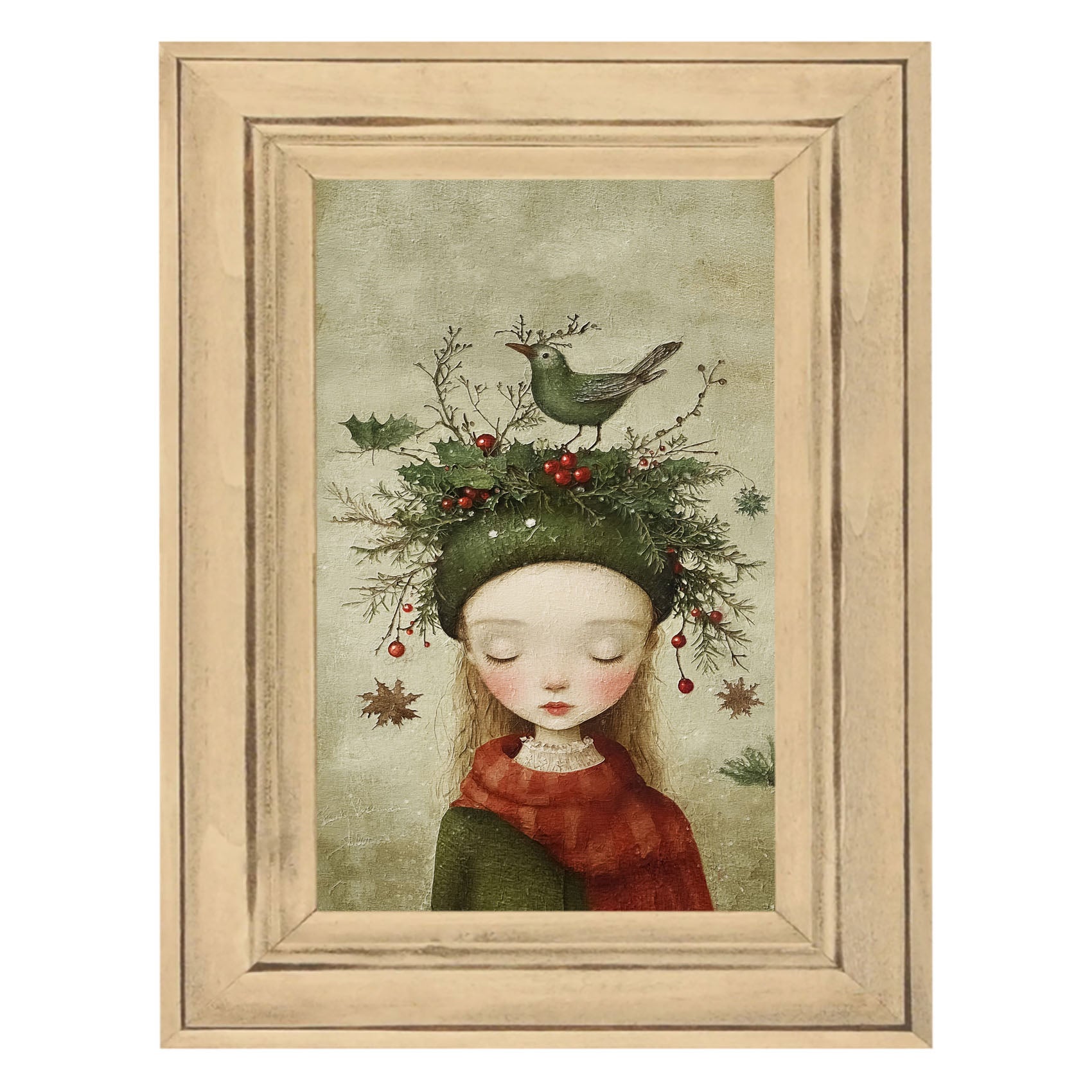 Green Christmas Girl with Bird