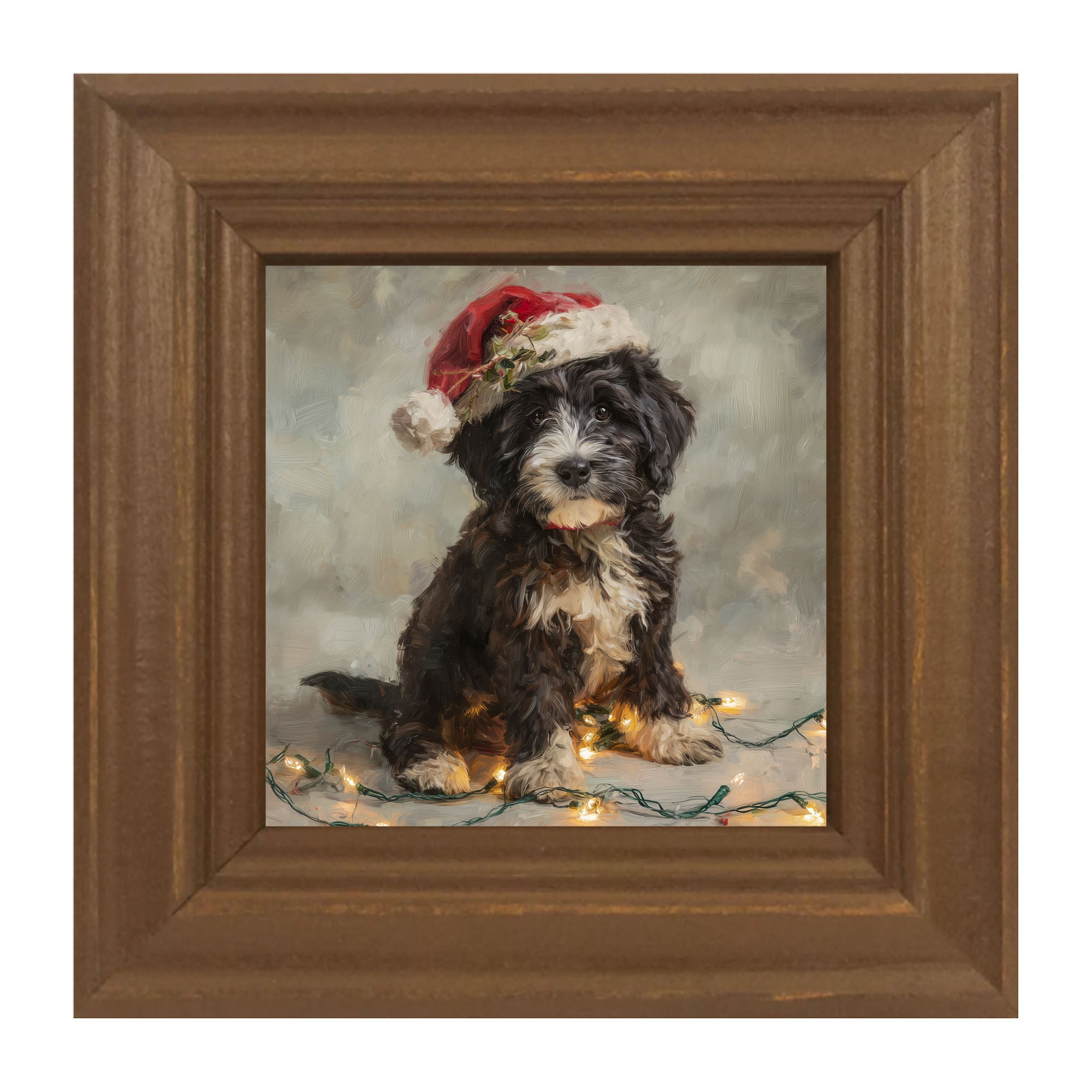 Christmas Lights with Furry Black and White Dog