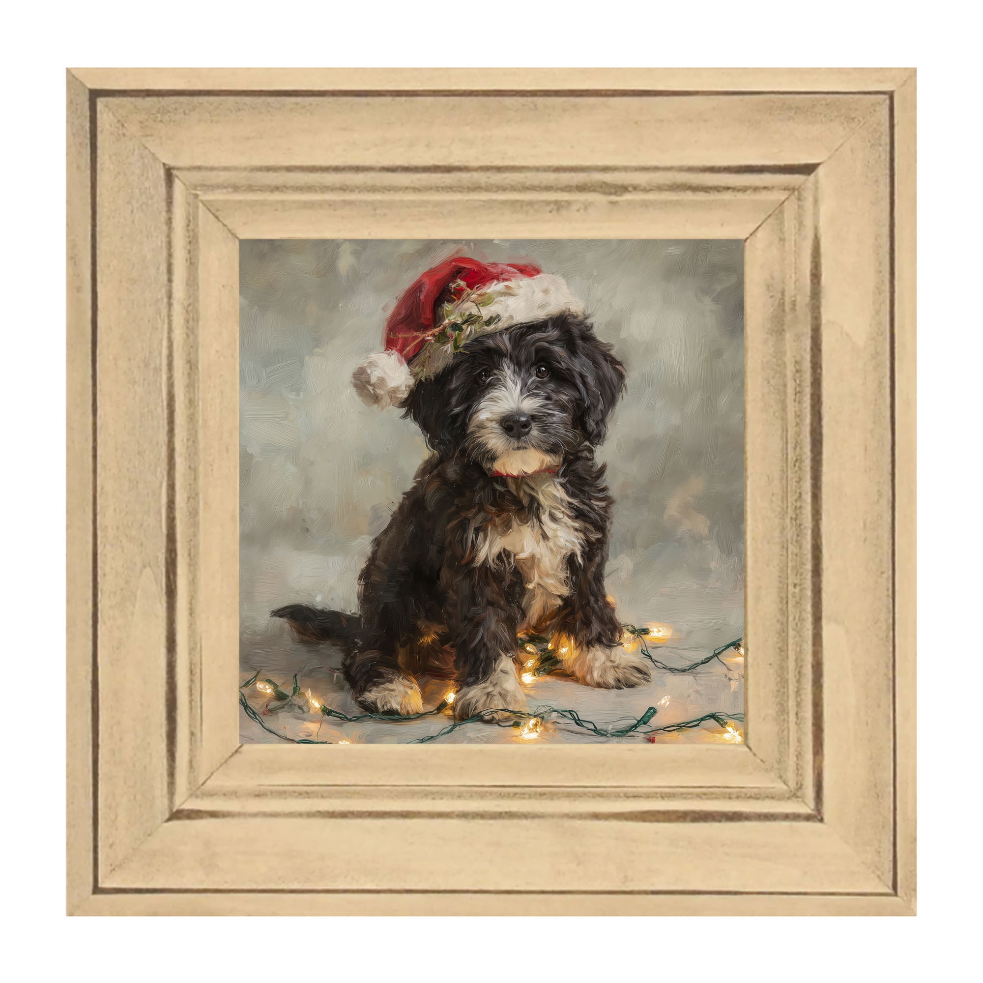 Christmas Lights with Furry Black and White Dog