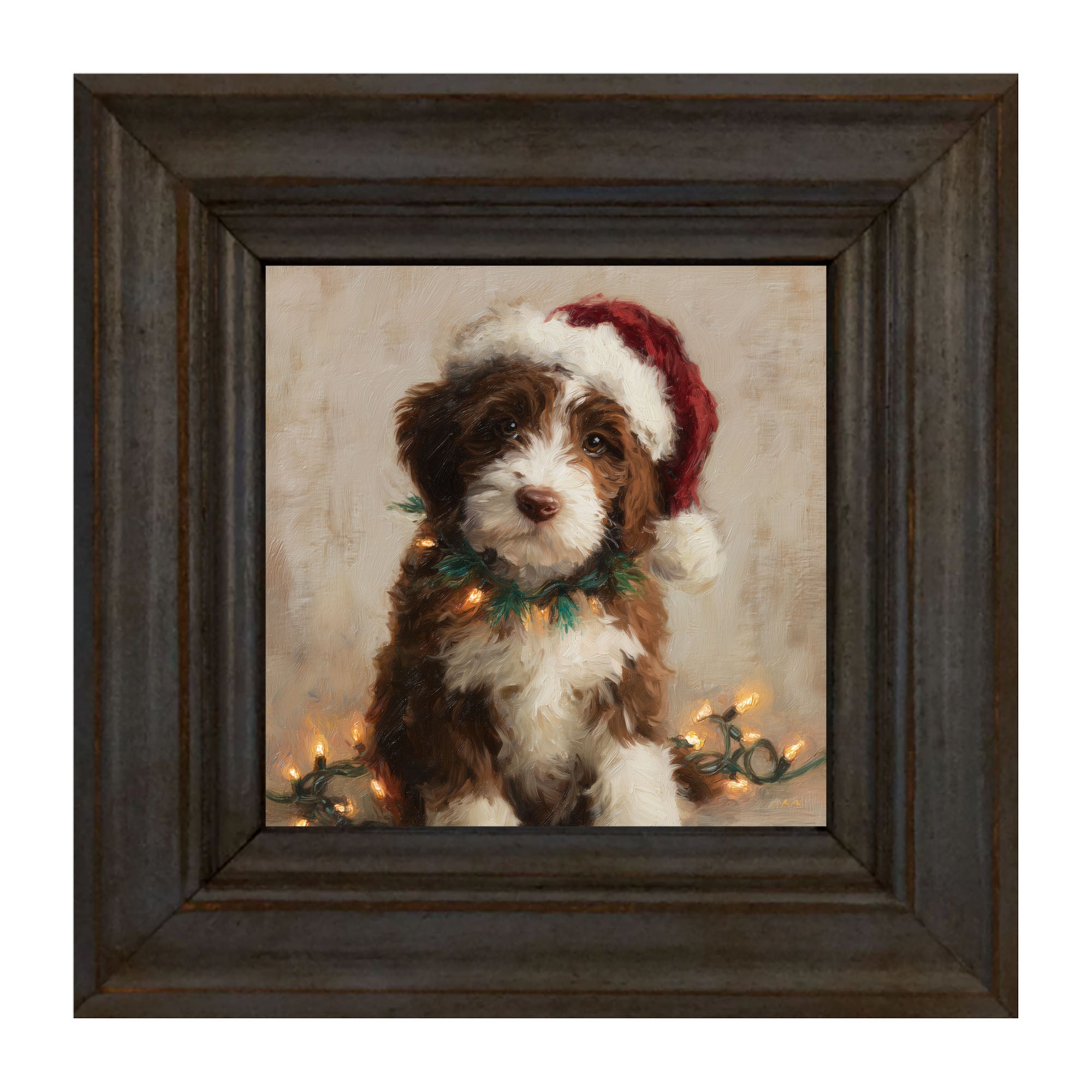 Christmas Lights with Brown and White Dog