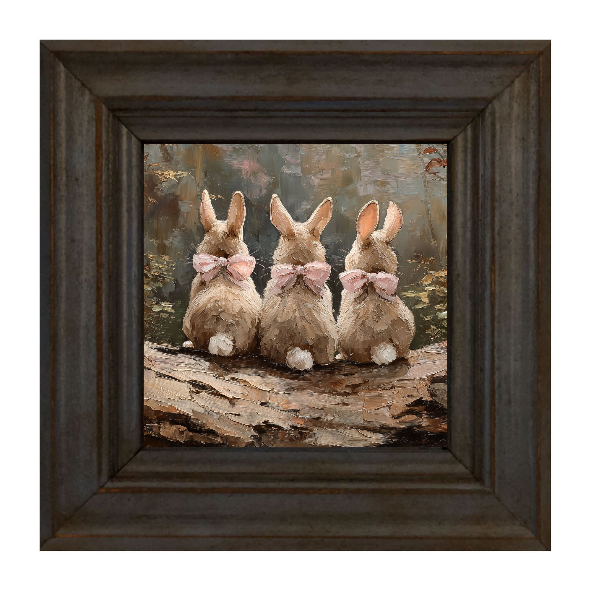 Bunnies with Pink Bows in Forest