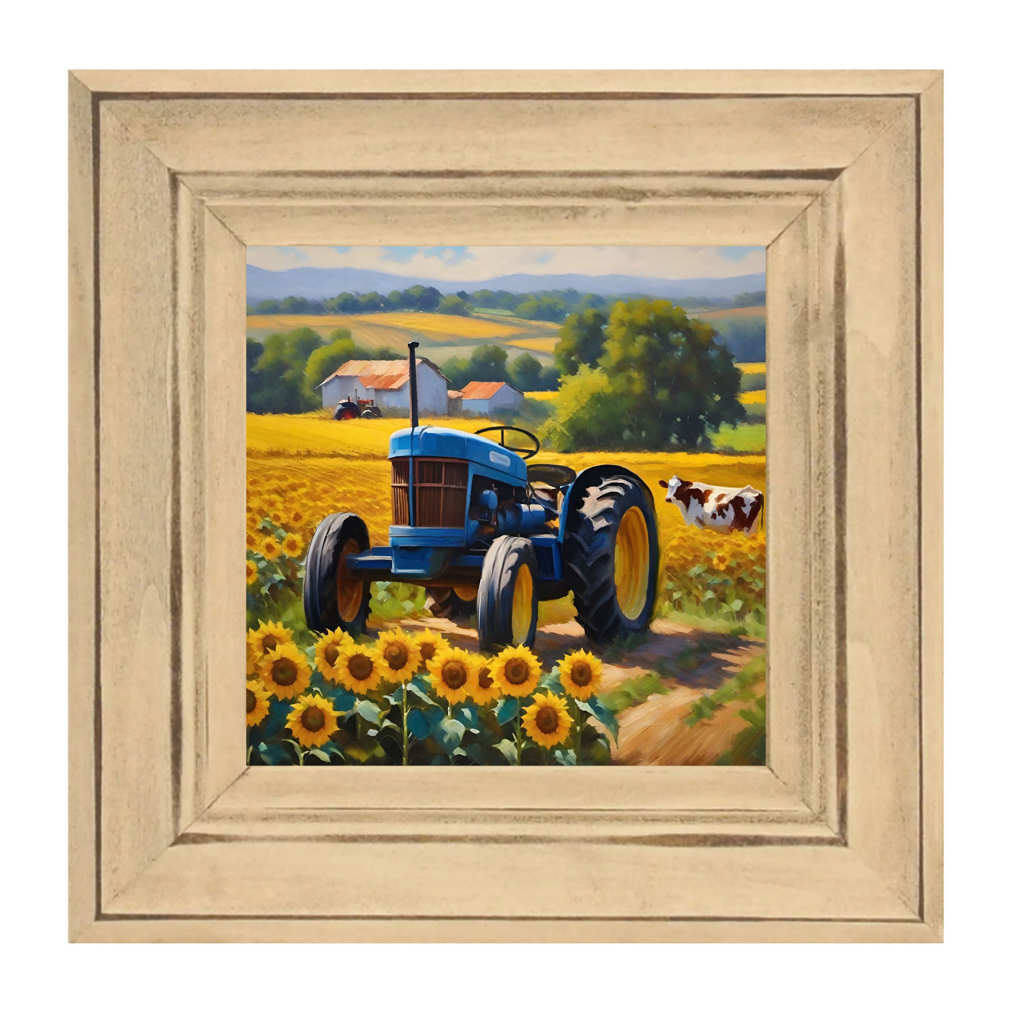 Blue tractor with cow