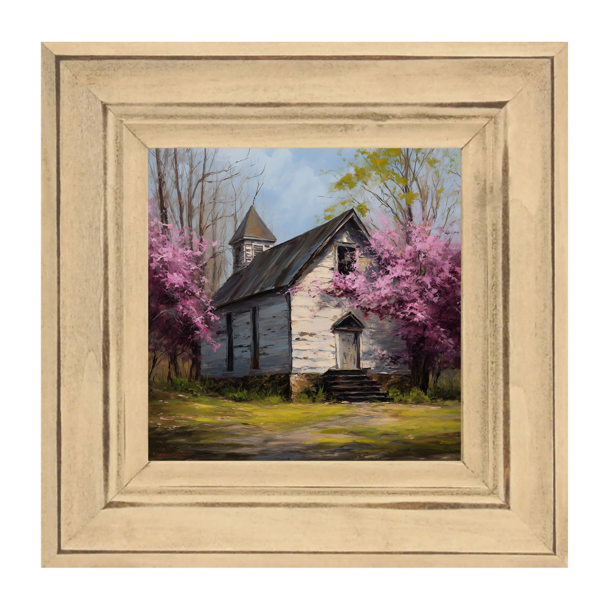 Country Church with Purple Flowering Tree