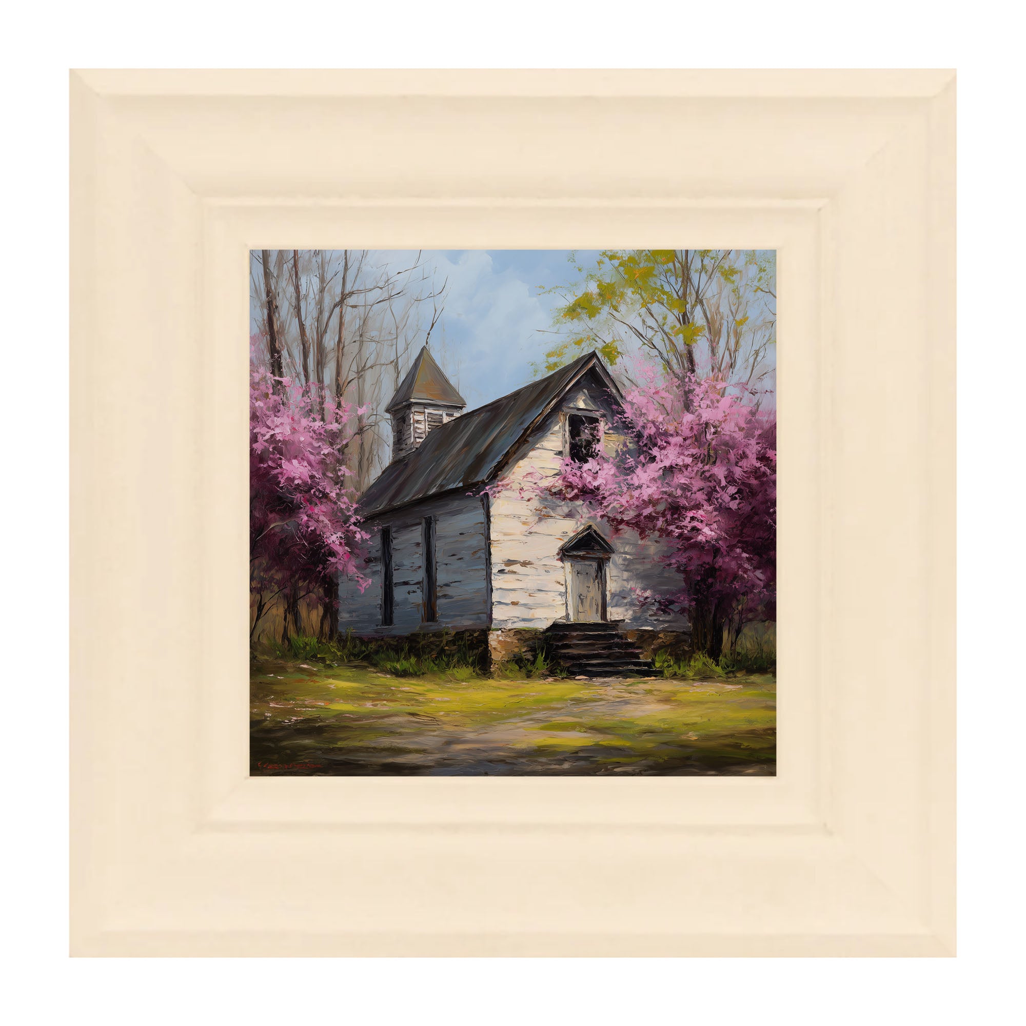 Country Church with Purple Flowering Tree