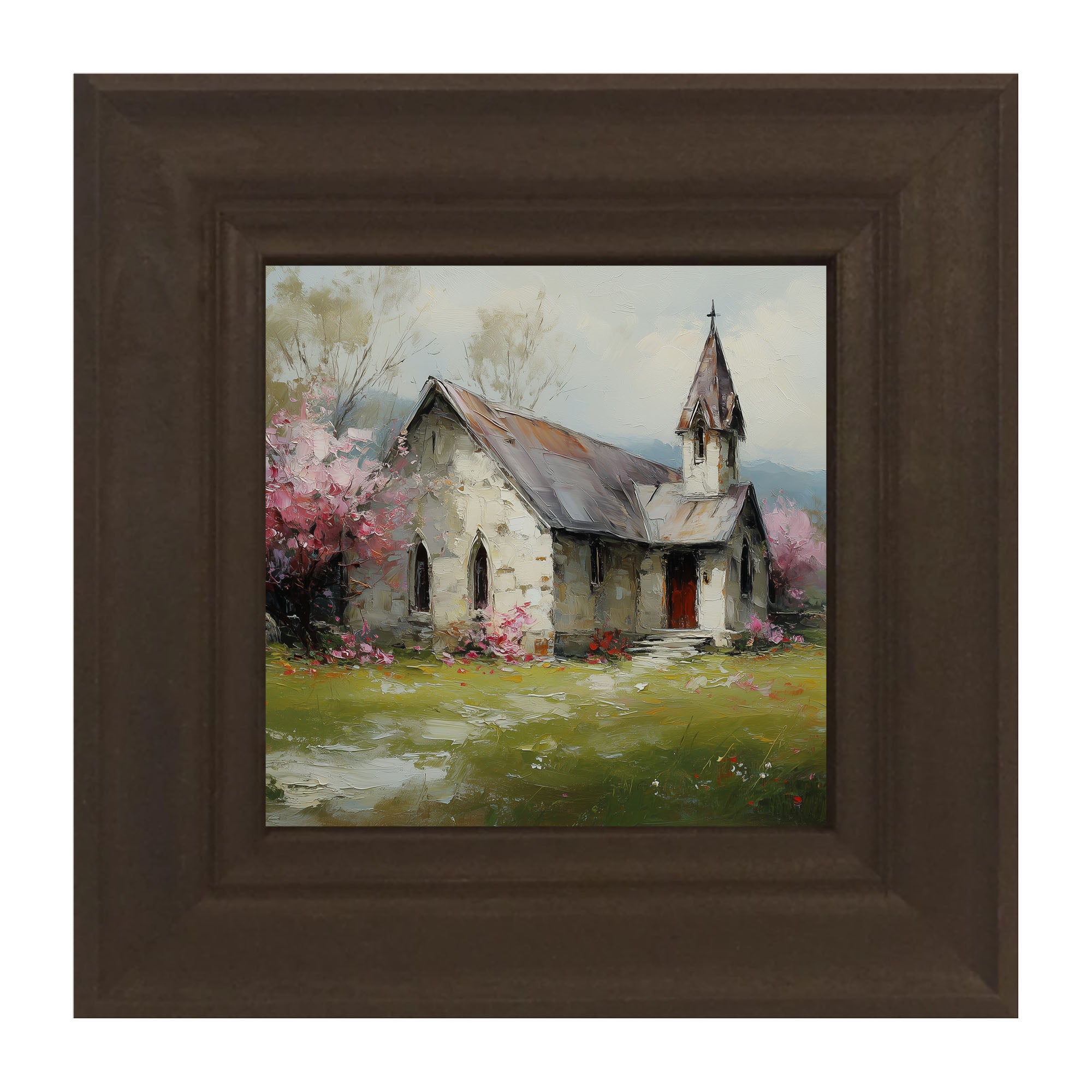 Country Church with Pink and Purple Flowering Trees