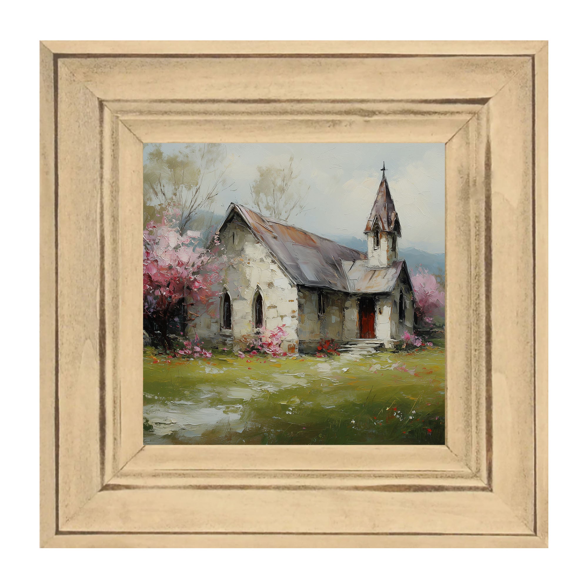 Country Church with Pink and Purple Flowering Trees