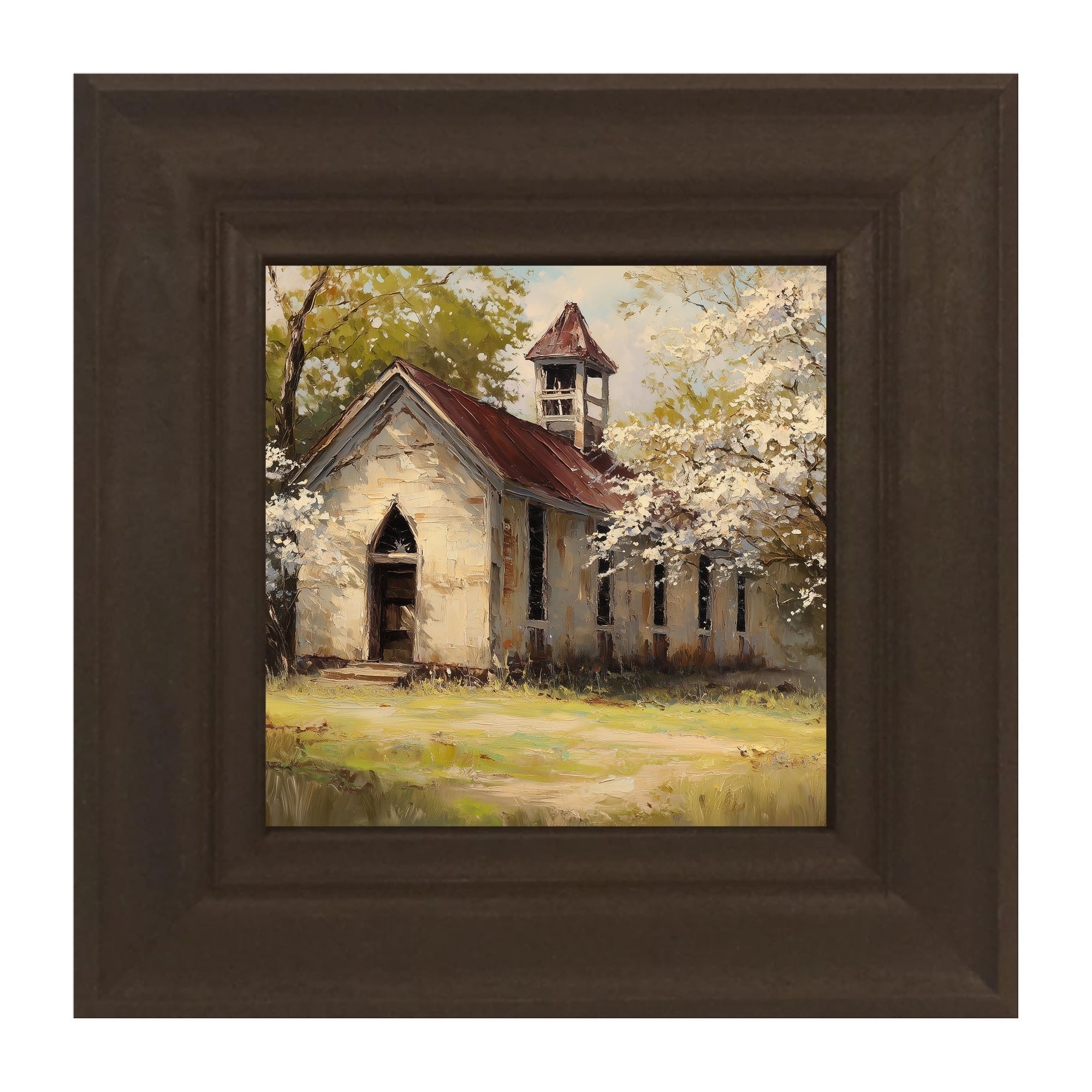 Country Church with White Flowering Trees