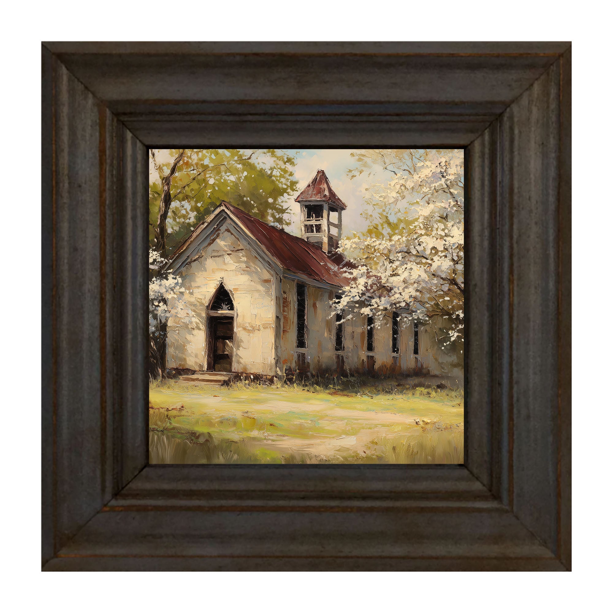 Country Church with White Flowering Trees