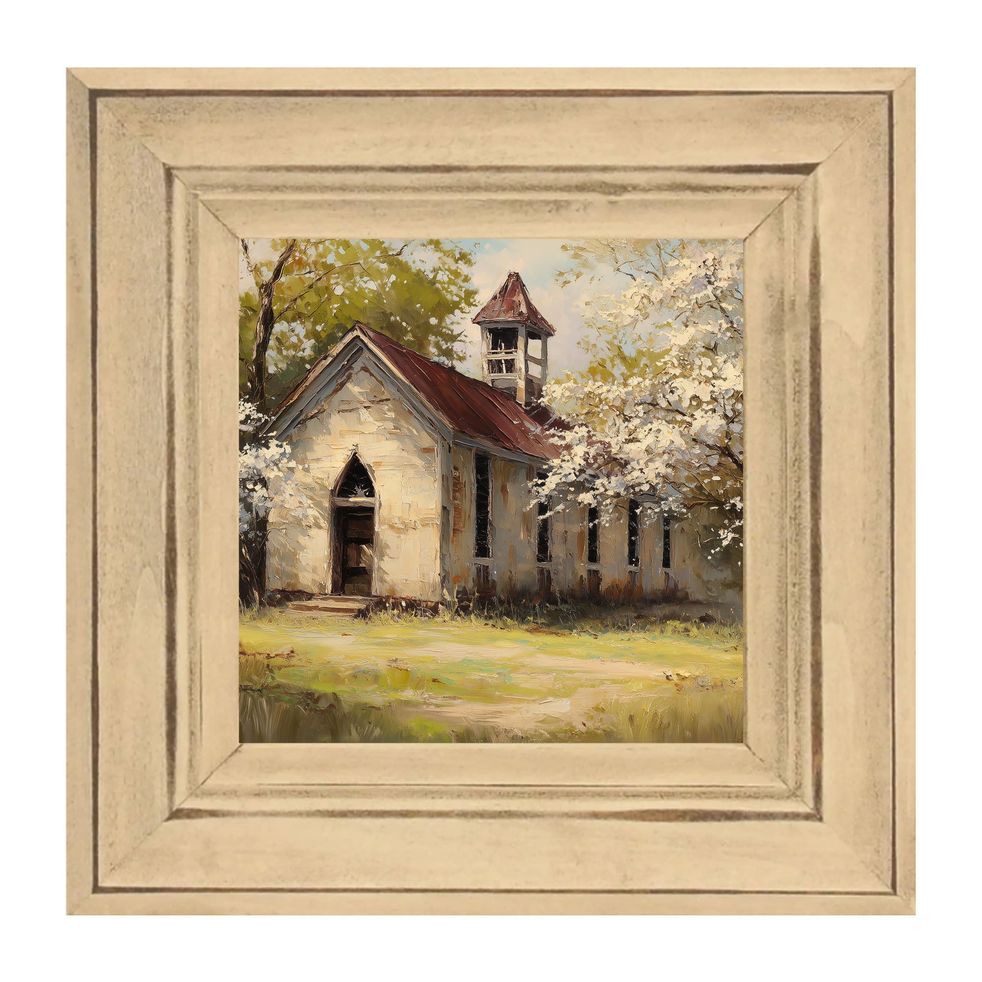 Country Church with White Flowering Trees