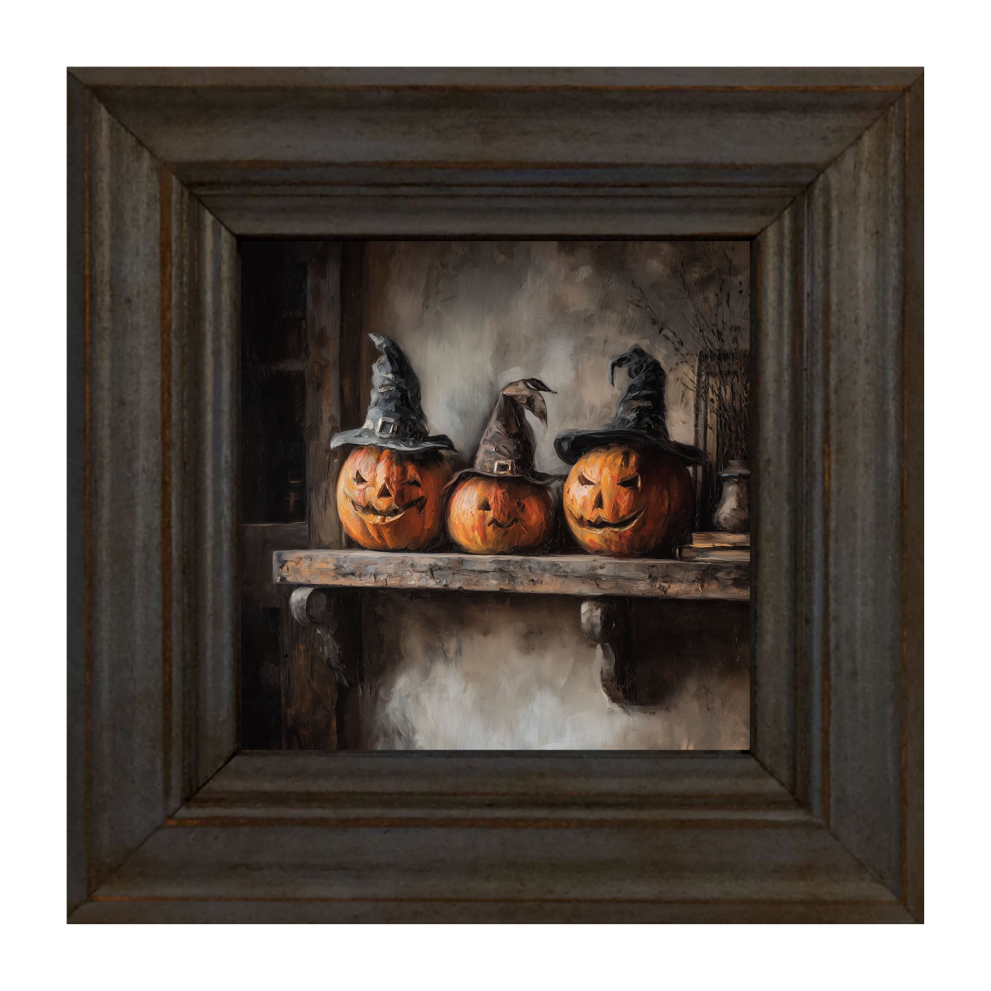 Trio of Jack-o-Lanterns in Witch Hats