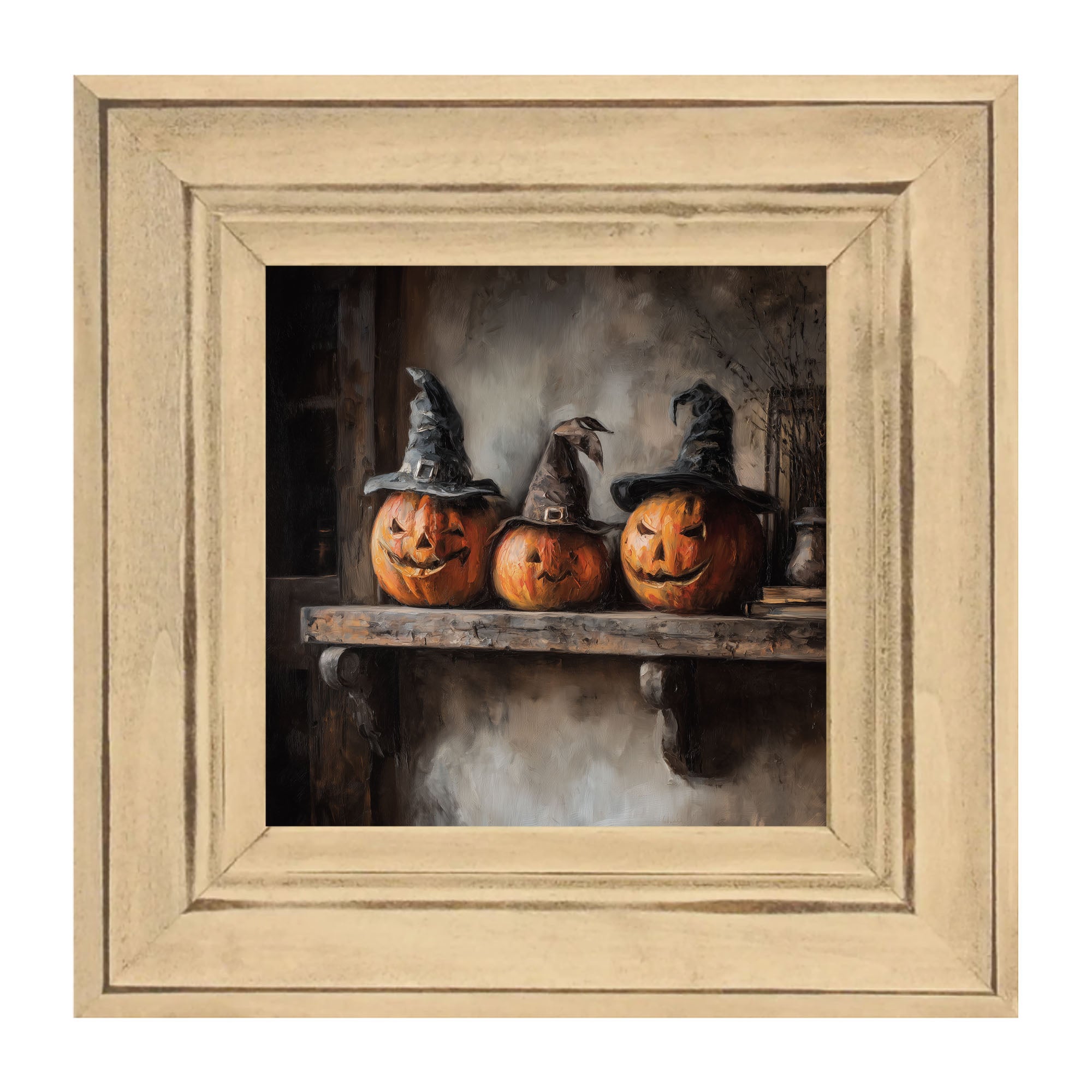 Trio of Jack-o-Lanterns in Witch Hats