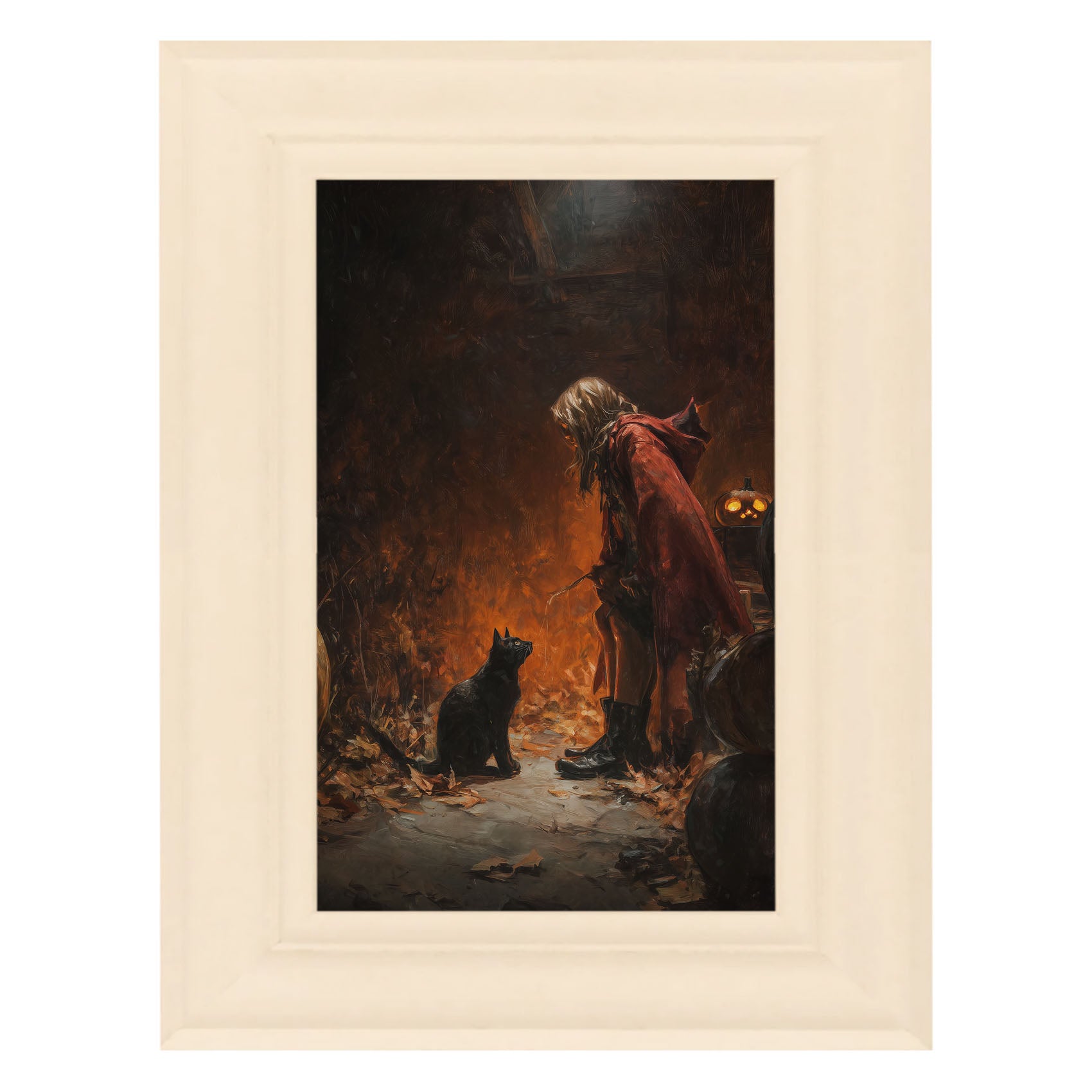 Witch with Black Cat at Night