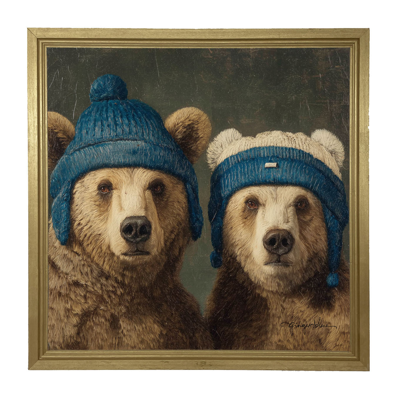 Knitted Blue Hat Bears - Framed Art