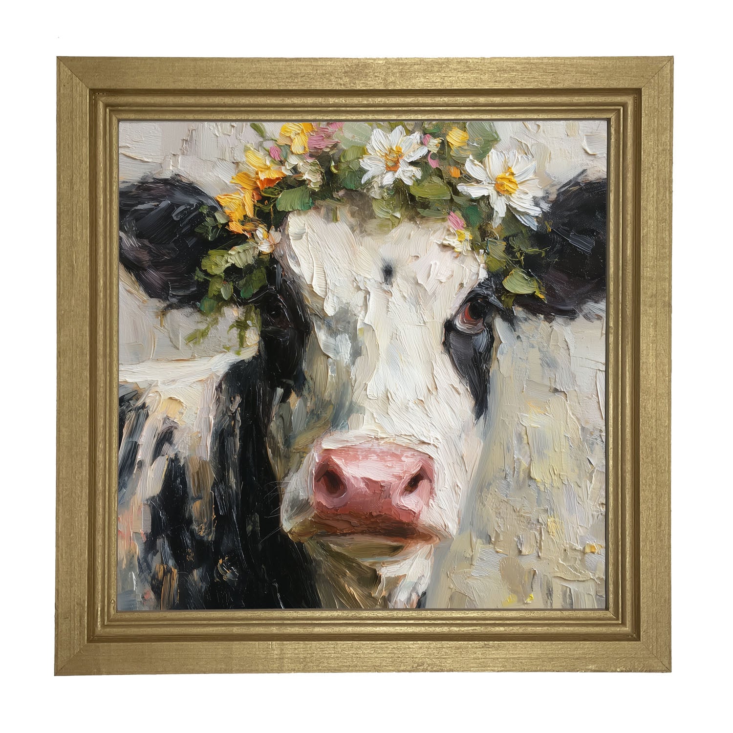 Spring Season Cow with Floral Crown - Framed Art