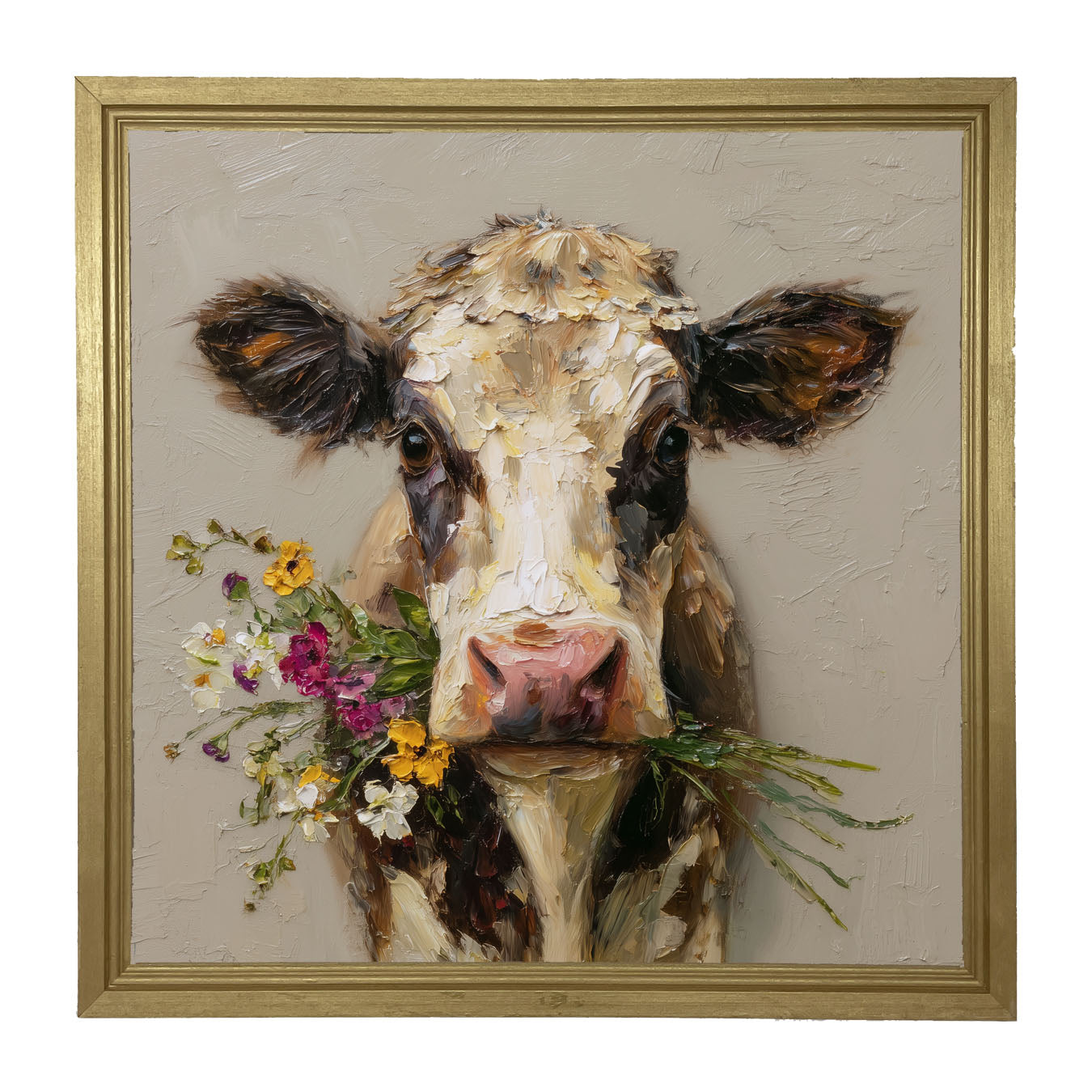 Spring Season Cow Holding Flowers - Framed Art