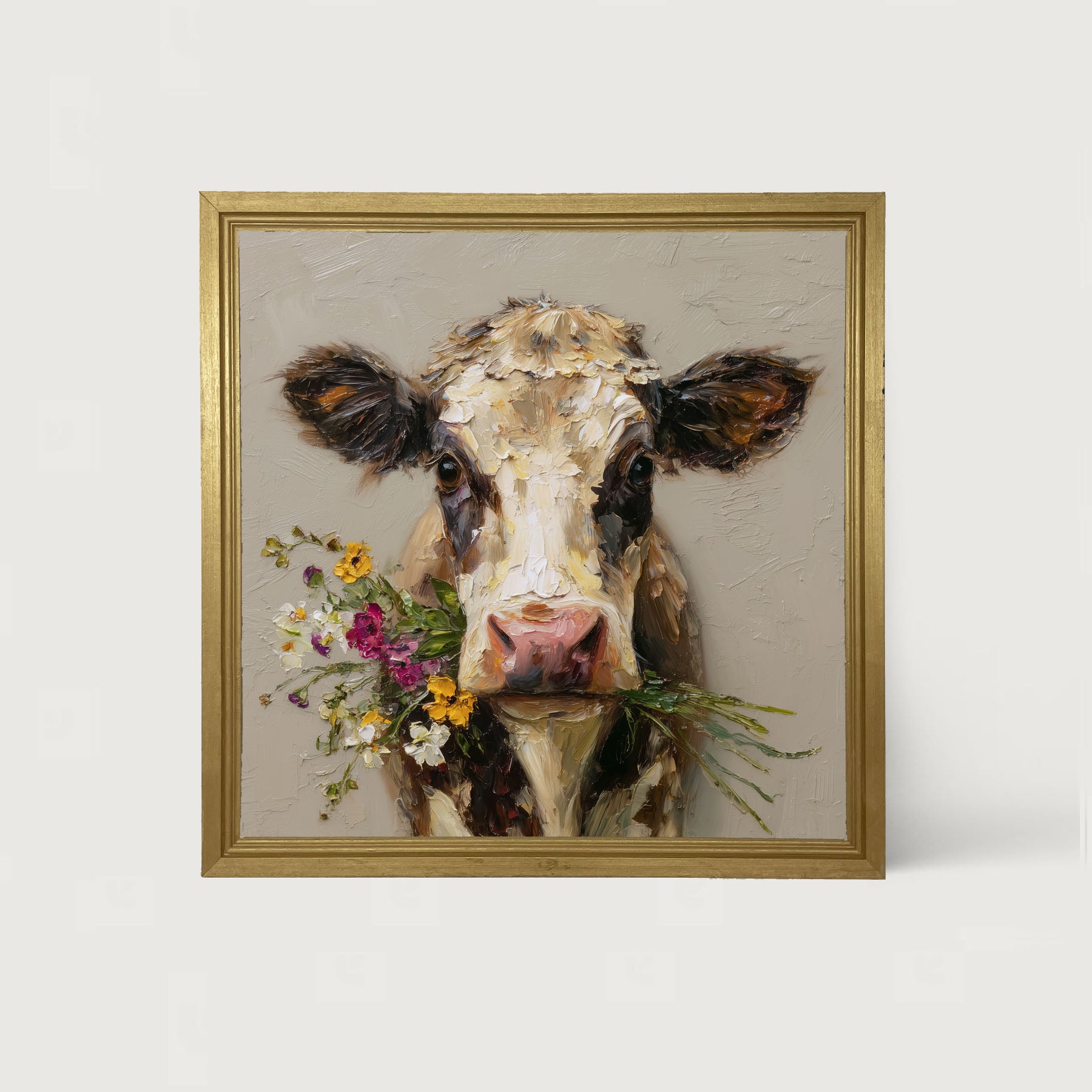 Spring Season Cow Holding Flowers