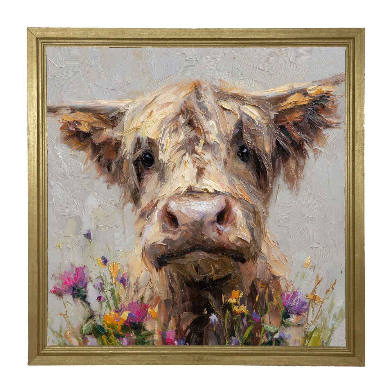 Spring Season Highland Cow with Flowers - Framed Art